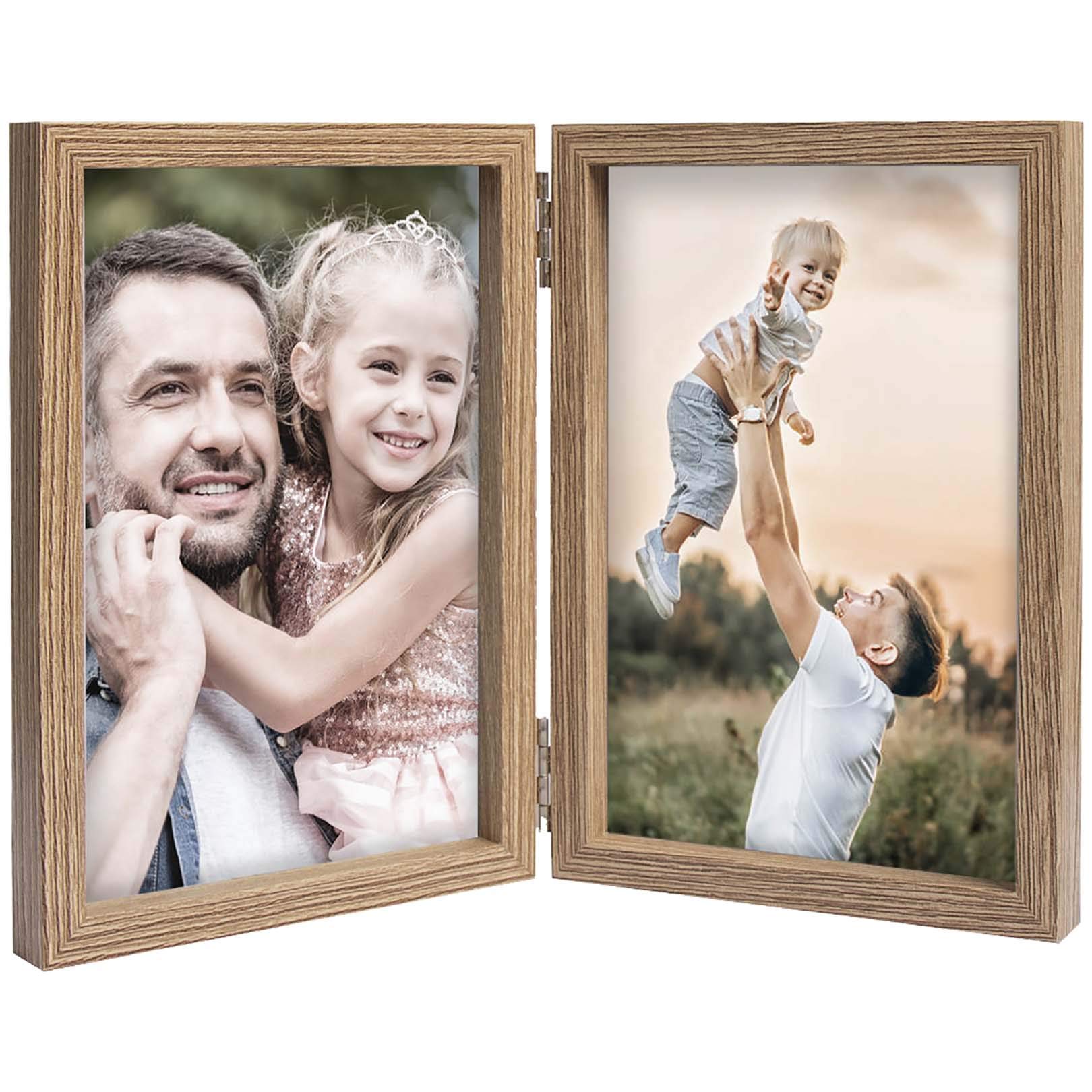 4x6 Double Hinged Picture Frames - Wood Grain MDF with Glass Front - Tabletop Vertical Standing Photo Frame for Home Decor, Office Display, and Gift Giving