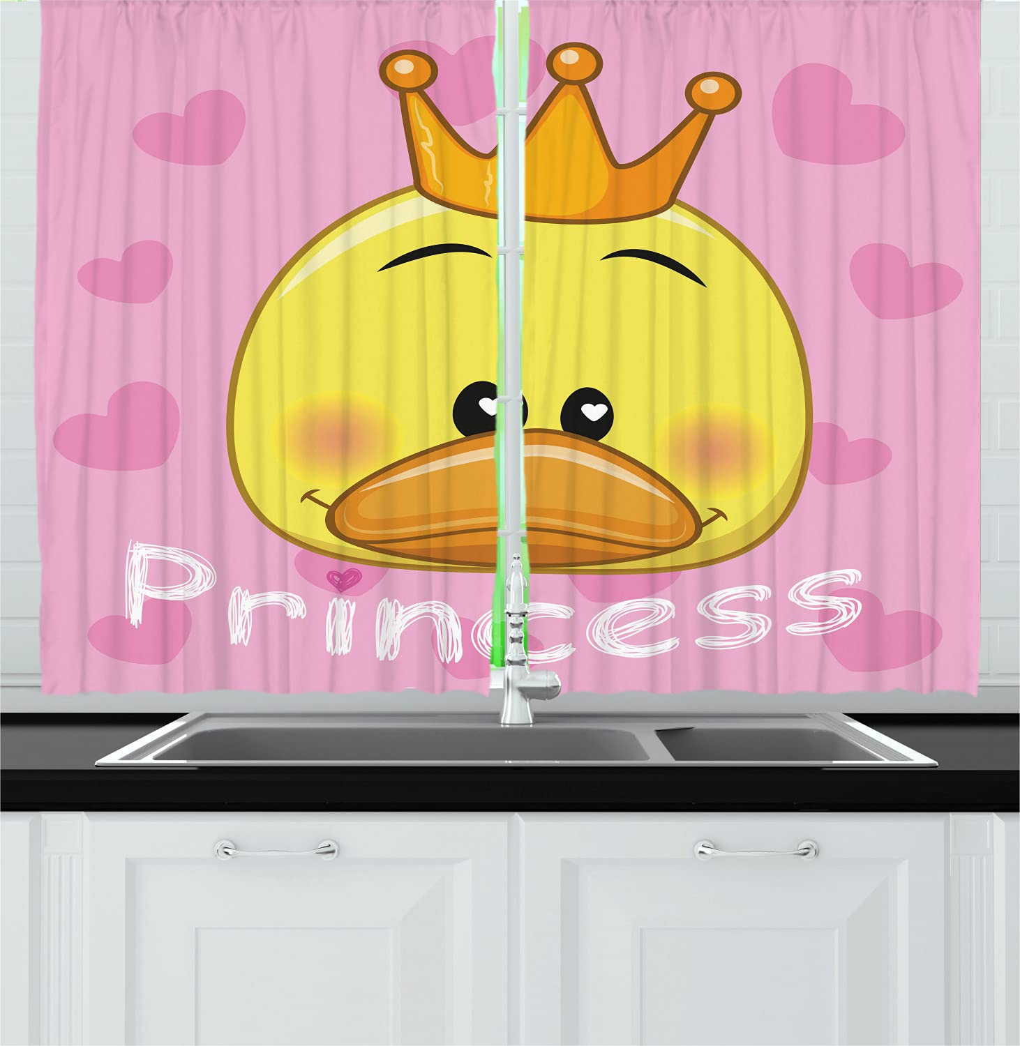 Ambesonne Feminine Long Kitchen Curtains - Cartoon Duck with Tiara & Hearts Design, Fun Art Rod Pocket Drapes (Set of 2 Panels, 55