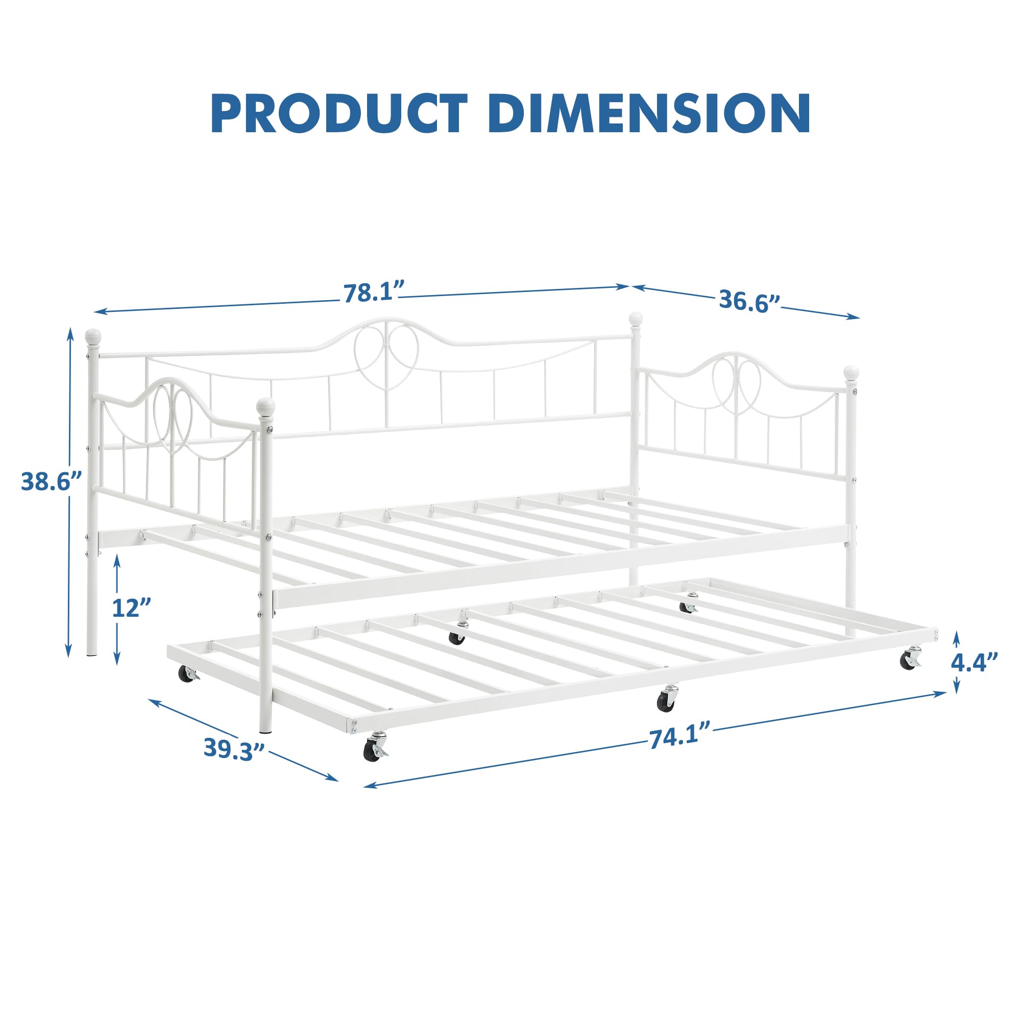 Twin Size Daybed with Trundle - Pull Out Twin Daybed Set, Sturdy Metal Frame with Steel Slat Support for Living Room & Bedroom - Easy Assembly in White | Perfect for Guest Rooms, Small Spaces & Multi-Functional Furniture Needs