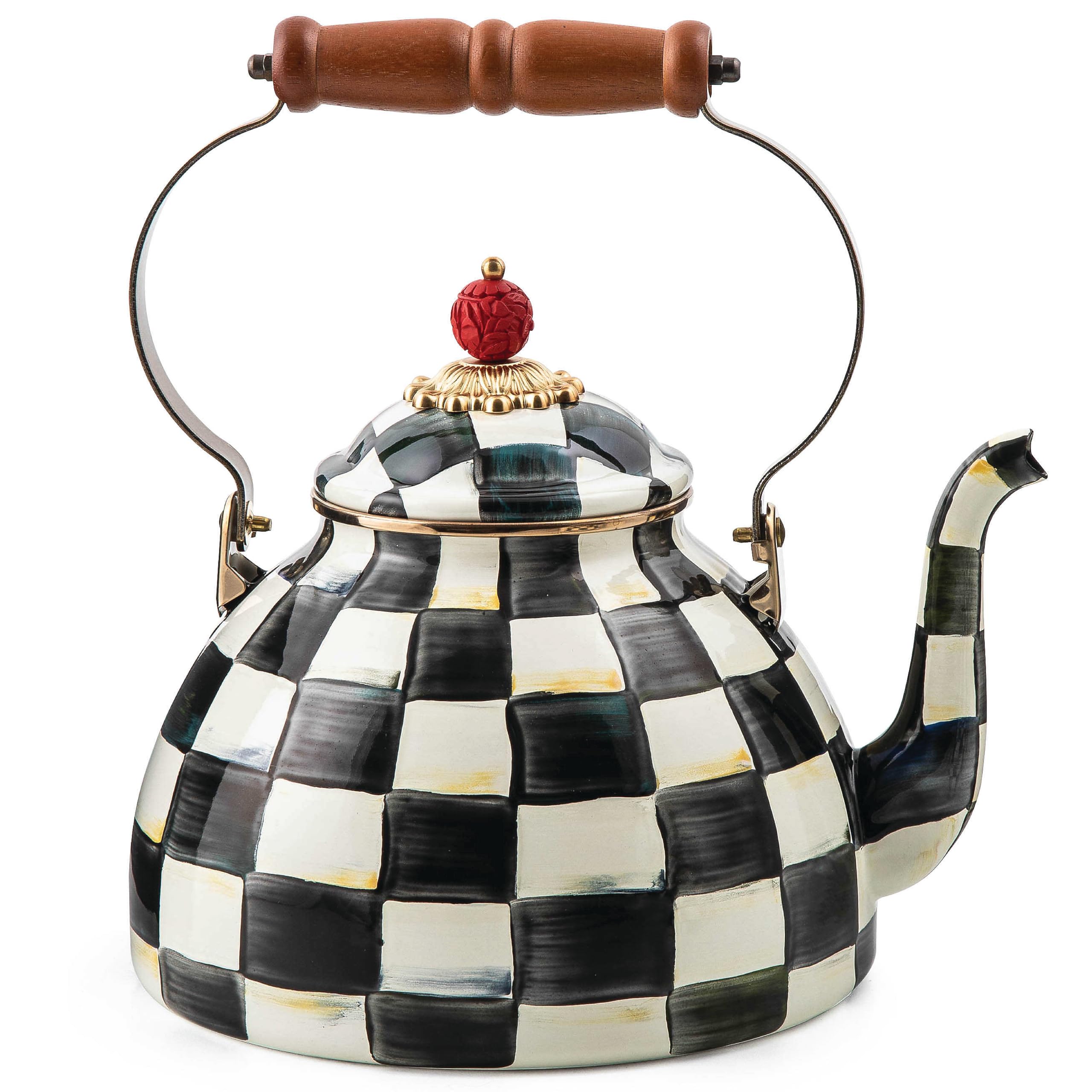 MACKENZIE-CHILDS Enamel Tea Kettle - 3 Quart Stovetop Teapot with Black & White Courtly Check Design - Vintage Style for Kitchen, Tea Parties & Home Decor