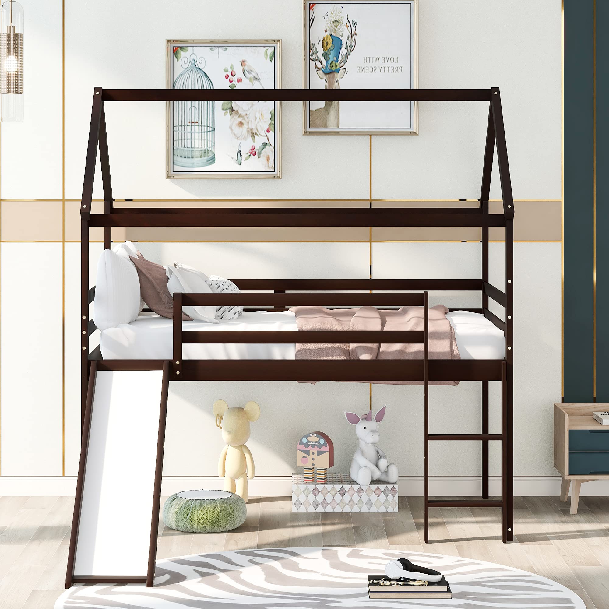 Solid Wood Kids Loft Bed with Slide - Twin Size Wooden House Bed Frame with Roof & Ladder - No Box Spring Needed - Espresso Finish - Perfect for Small Bedrooms, Playrooms & Kids' Sleepovers