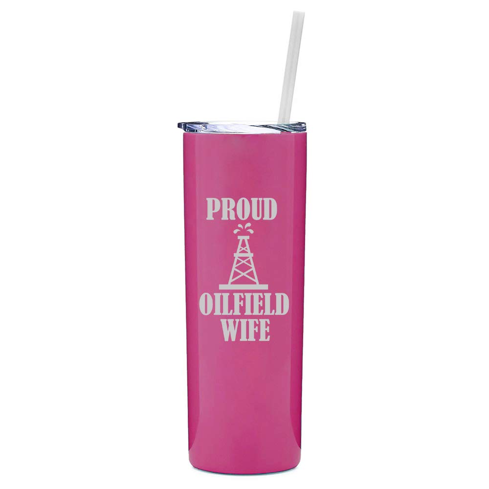 20 oz Skinny Tall Stainless Steel Vacuum Insulated Tumbler with Straw & Lid - Leakproof Travel Mug for Coffee, Tea & Cold Drinks - Perfect for Oilfield Workers, Office Commute & Outdoor Activities (Hot Pink)