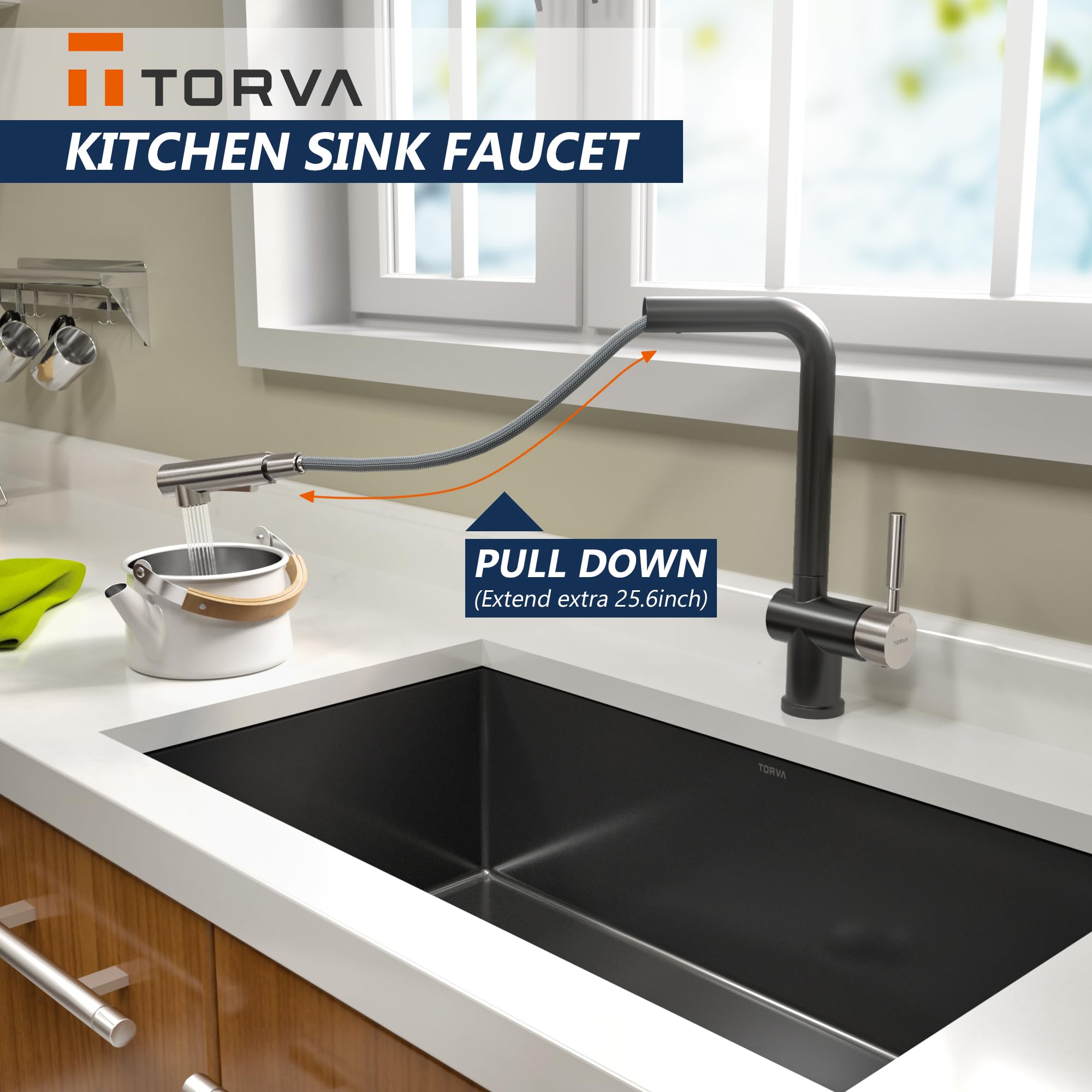 TORVA Stainless Steel Pull Down Kitchen Faucet with Pull Out Sprayer - Single Handle Deck Plate in Matte Black & Chrome | Modern Sink Faucet for Home & Commercial Kitchens