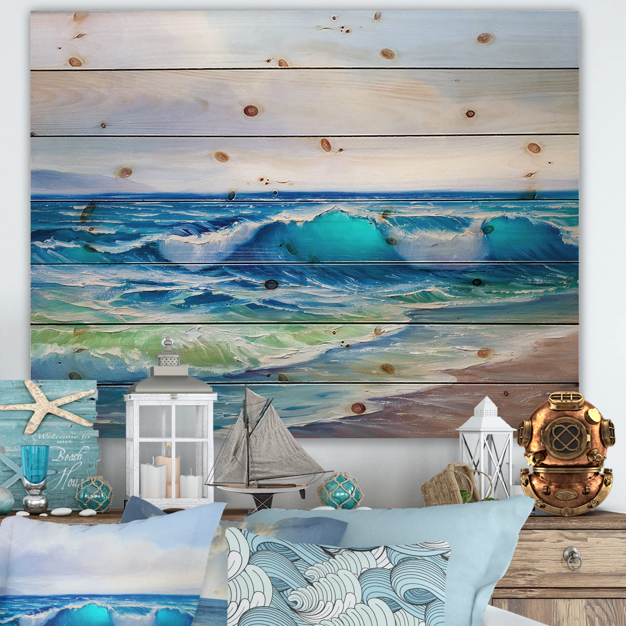 Seascape with Sunlight Catching a Wave - Nautical Coastal Wood Wall Art Decor | Blue Ocean Beach Wood Panel Painting on Natural Pine | Perfect for Living Room, Bedroom & Beach House Decoration