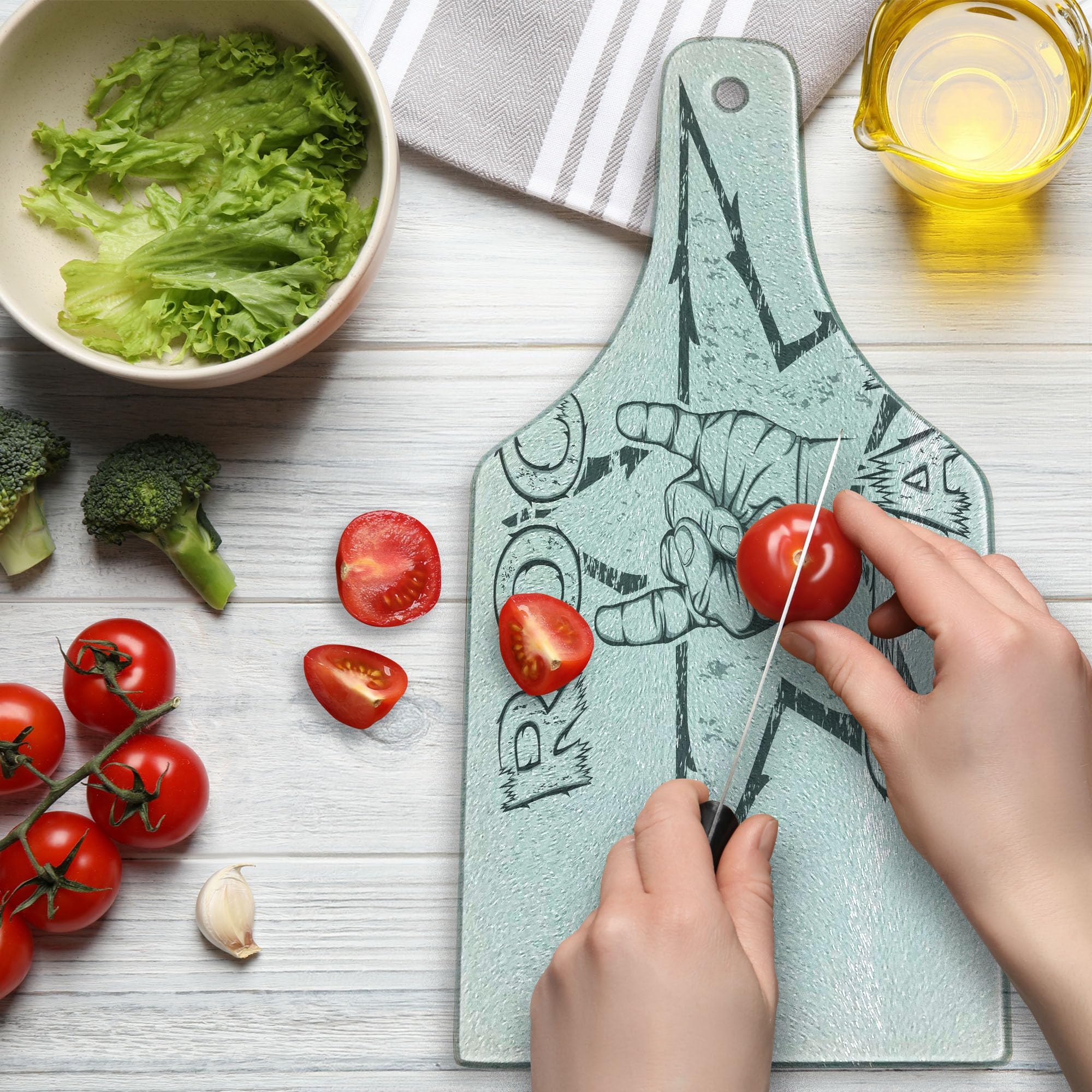 Ambesonne Popstar Party Cutting Board - Vintage Rock Star Theme with Grungy Sketch Design - Tempered Glass Serving Board for Cheese, Charcuterie & Wine - Black & White Wine Bottle Shape - Perfect for Entertaining & Gifts