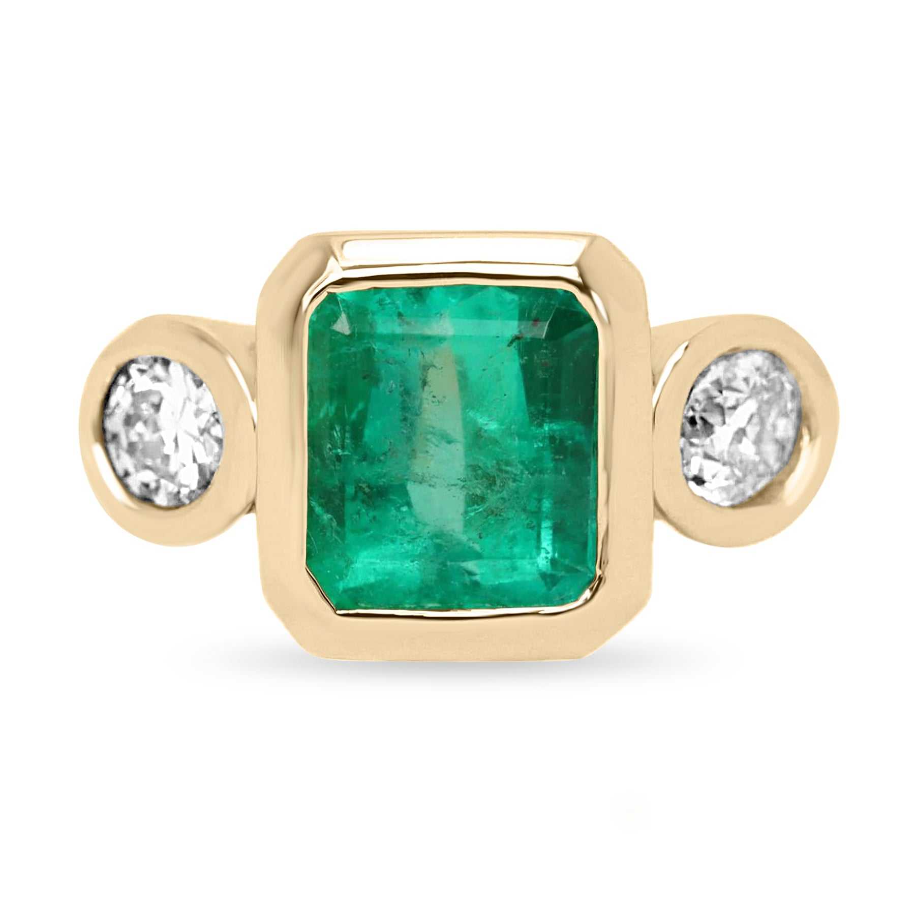 3.25tcw Three Stone Emerald & Diamond Ring in 14K Gold - Thick Bezel Setting for Engagement, Wedding, Anniversary & Special Occasions