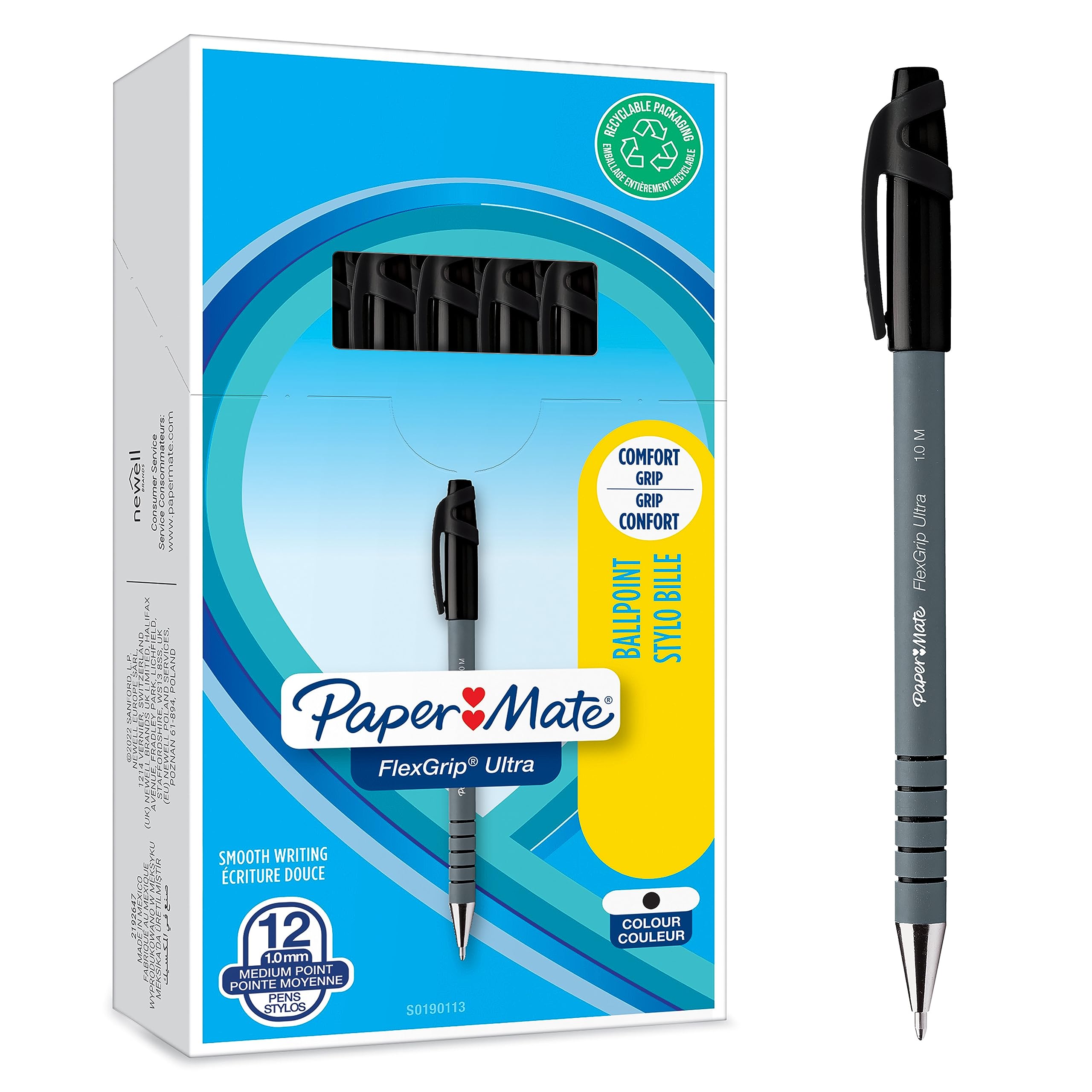 Paper Mate Flexgrip Ballpoint Pens 1.0mm - 12 Pack Black for Office & School Writing