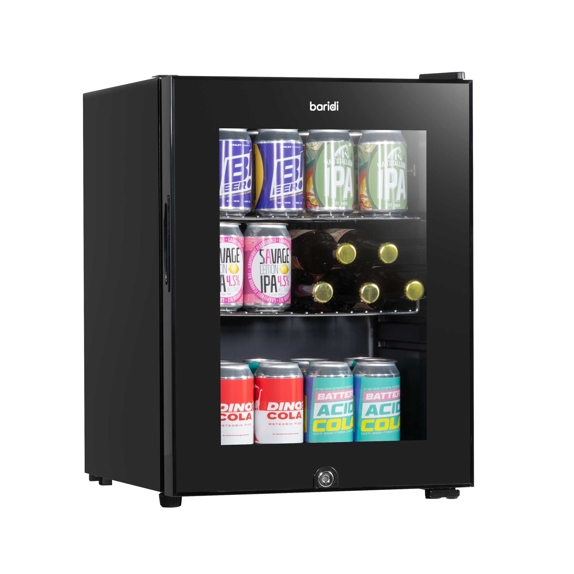 Baridi 40L Mini Fridge with LED Light - Compact Beverage Cooler for Beer, Wine & Soda - Black Glass Door Refrigerator for Home, Office & Dorm - Energy Efficient Cooling (Model DH98)