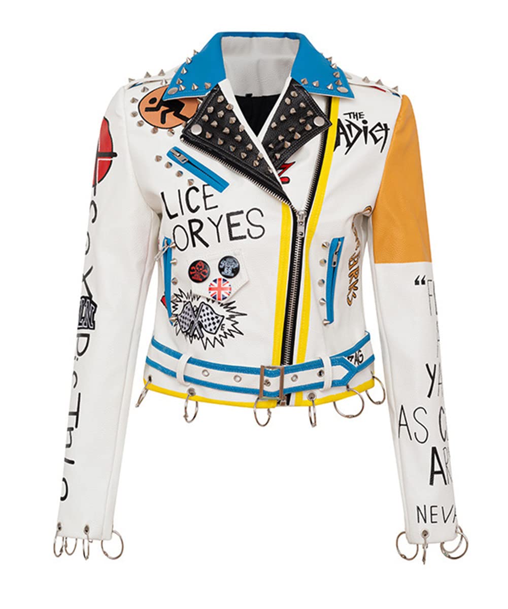 Women's Faux Leather Cropped Jacket with Cartoon Print - Punk Rock Style Lapel Coat for Casual Wear & Night Out