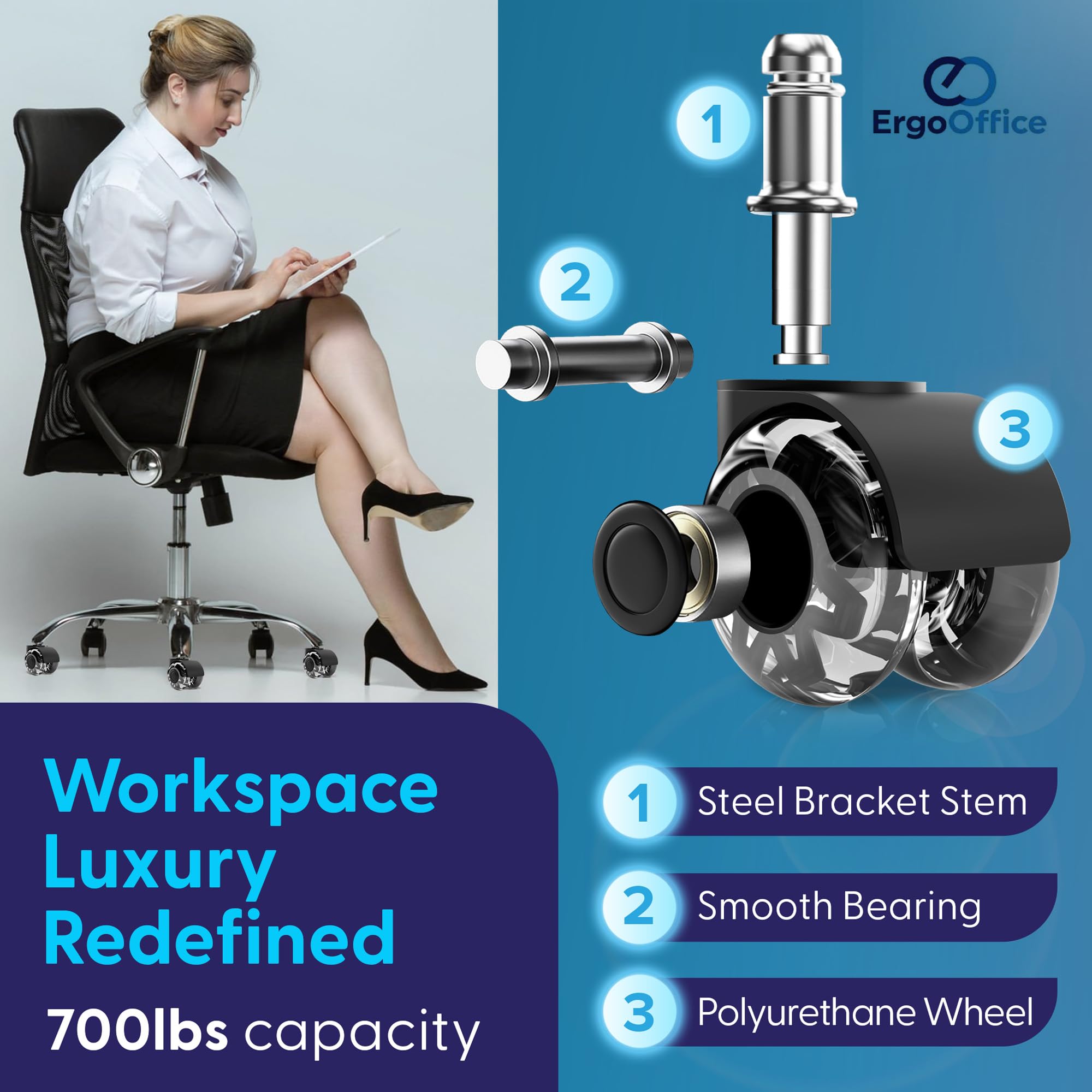 5-Pack Heavy Duty Rubber Caster Wheels Replacement for Office Chairs - Universal Fit Desk Chair Casters with Smooth & Quiet Rolling for Hardwood Floors & Carpets - Premium Office Chair Accessories for Home & Office Workspaces