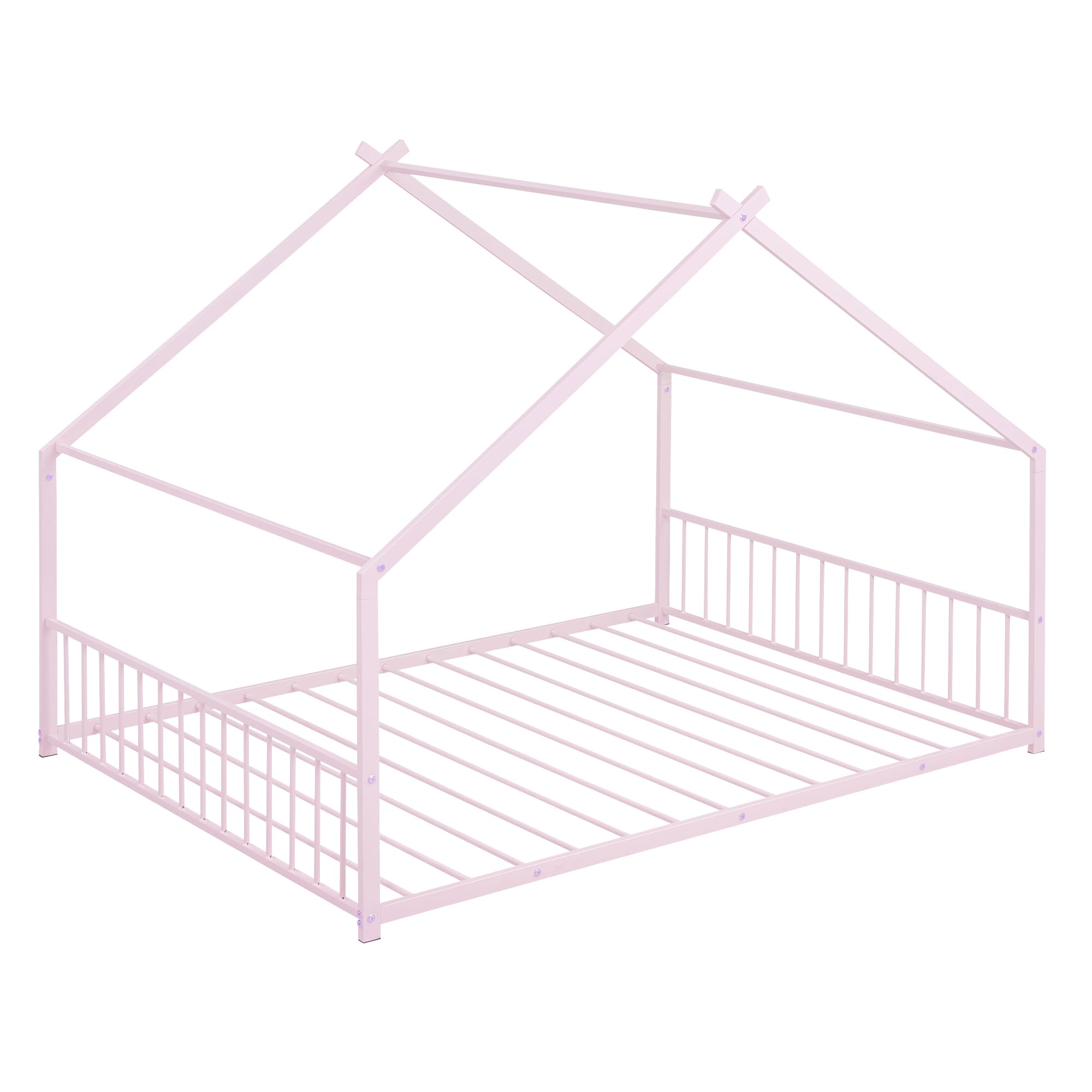 Montessori Full Size Floor Bed Frame with Headboard & Slats - Kids House Bed for Boys & Girls (Pink) | Safe Toddler Bedroom Furniture for Montessori Learning & Play Areas