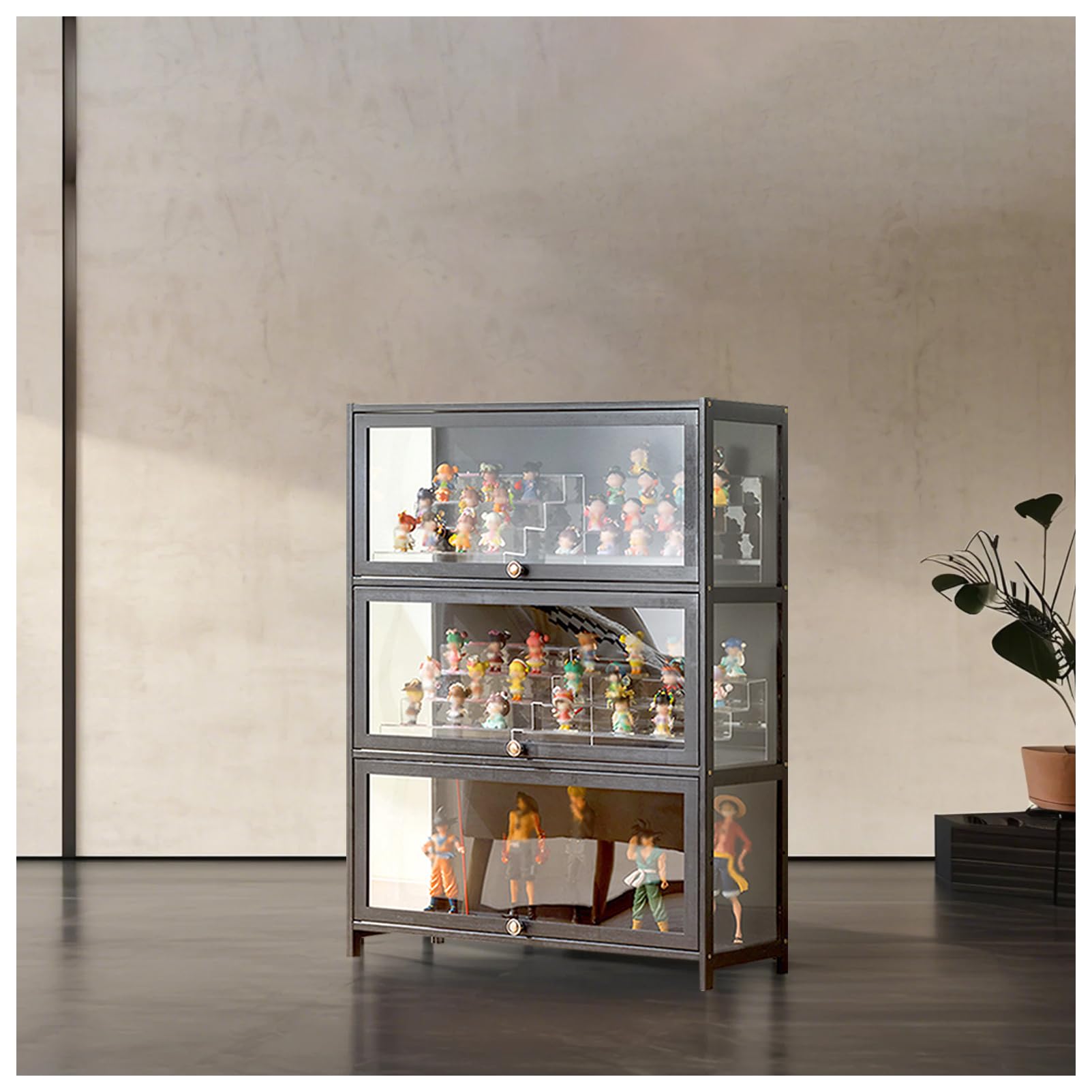 Acrylic Glass Door Display Cabinet - 3-Tier Storage Shelf for Collectibles, Toys & Home Decor | Perfect for Playroom, Bedroom & Retail Store (Gray)