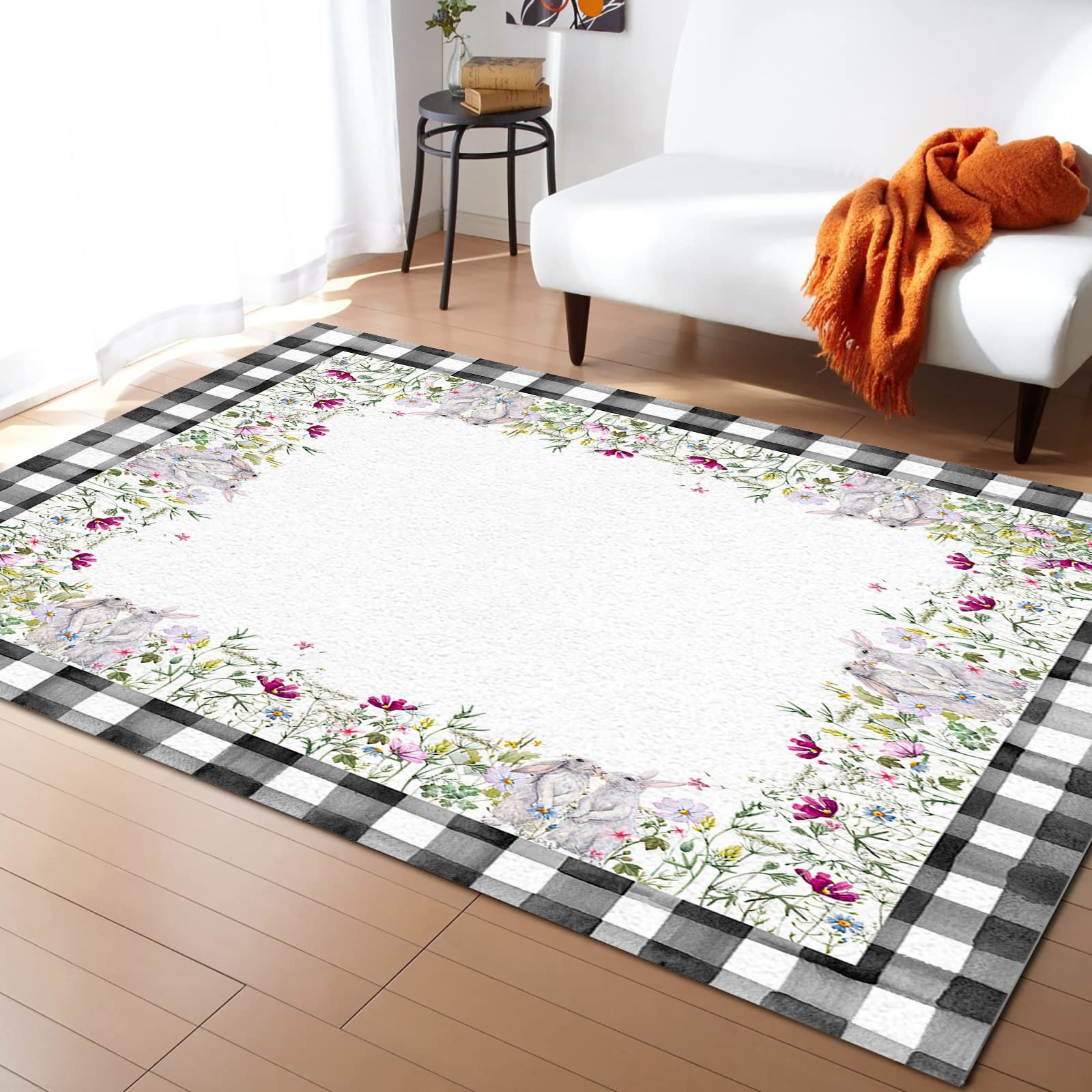 Easter Spring Bunny Flowers Black Buffalo Plaid Area Rug - Non-Slip Low Pile Indoor Carpet for Entryway, Living Room, Foyer, Kitchen, Bedroom - 60x82 Inch - Perfect for Home Decor, Seasonal Celebrations, and Cozy Spaces