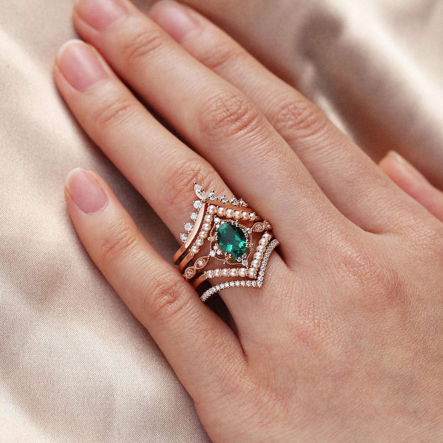 1.5ct Emerald Vintage Style Ring Set - 5 Piece Signature Collection for Women | Perfect for Weddings, Anniversaries & Special Occasions