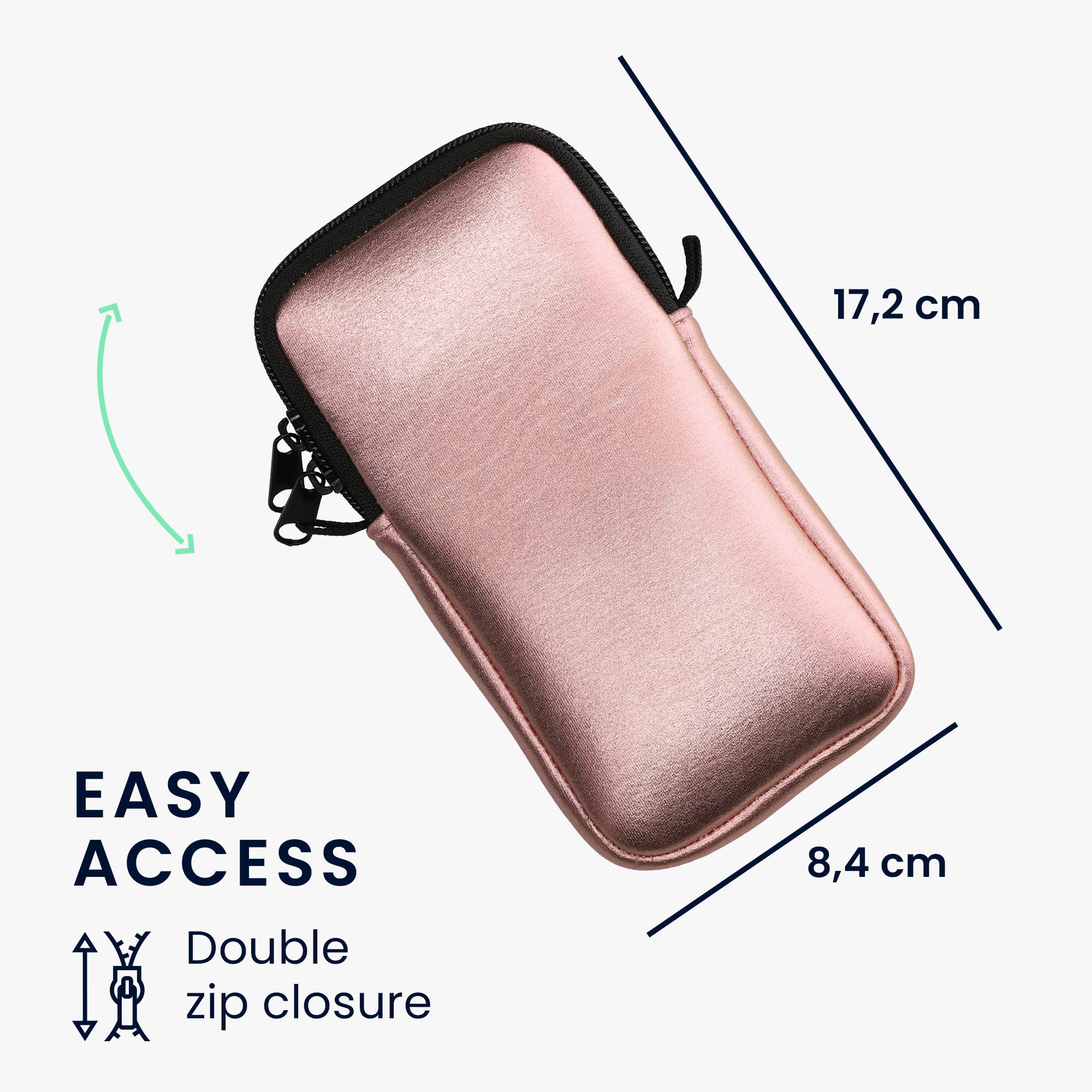 kwmobile Neoprene Phone Pouch XL for iPhone 15 Pro Max/Samsung Galaxy S23 Ultra (6.7-6.8 Inch) - Waterproof Universal Cell Phone Case with Adjustable Neck Strap & Secure Zipper - Metallic Rose Gold - Perfect for Running, Travel & Outdoor Activities