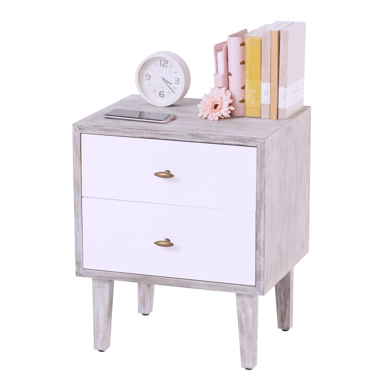 Kinbor Modern End Side Table with Storage Drawer - Solid Wood Legs Nightstand for Bedroom & Living Room - White Double Drawer Bedside Cabinet | Perfect for Small Spaces, Apartment Essentials & Home Organization