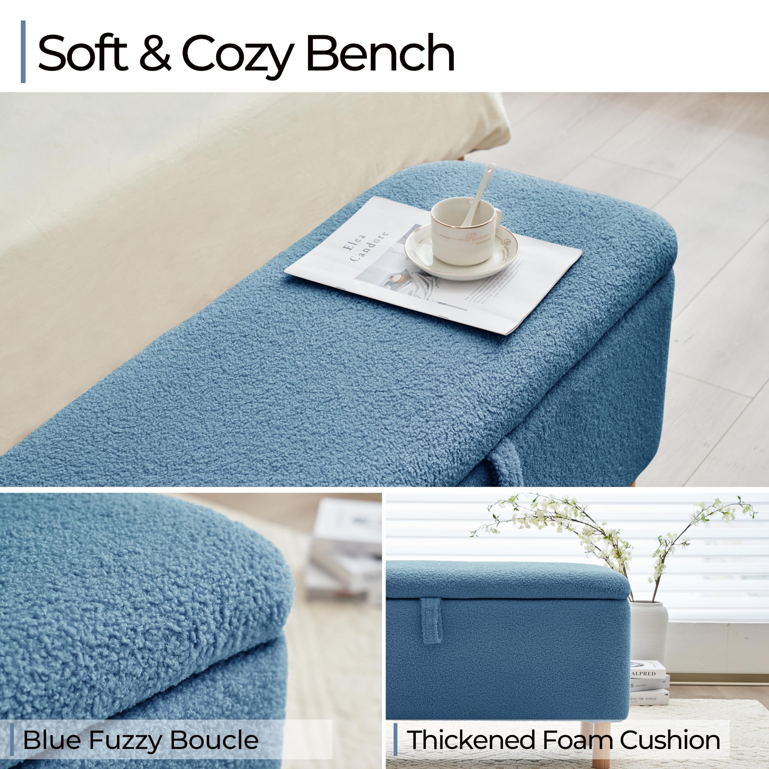 Boucle Storage Ottoman Bench with Sherpa Upholstery - Rectangle Shoe Storage Seat for Bedroom, Entryway & Living Room - Blue Padded Blanket Chest - Perfect for Bed Foot, Hallway Organization & Cozy Home Decor