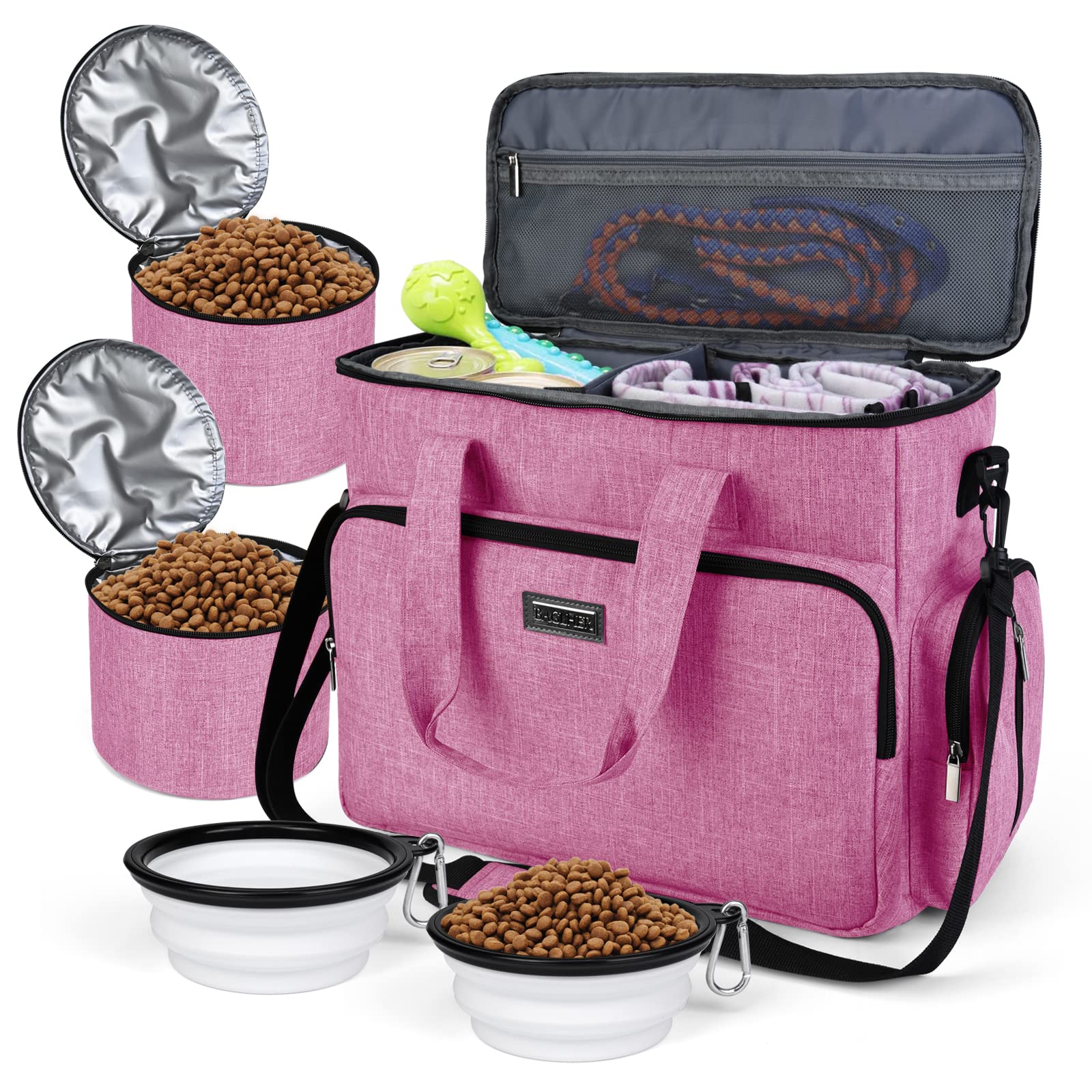 BAGLHER Dog Travel Bag - Waterproof Pet Carrier with 2 Food Containers & Collapsible Bowls | Essential Travel Accessories for Dogs & Cats | Perfect for Road Trips, Airplane Travel & Outdoor Adventures (Pink)