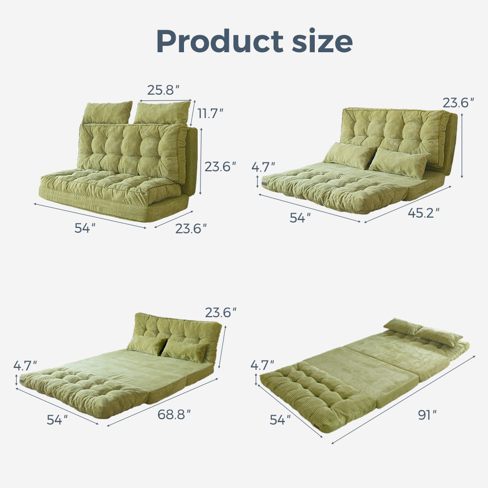 MAXYOYO Tufted Bean Bag Sofa Bed - Foldable Floor Couch with Pillows in Green | Comfortable Lounge Chair for Living Room, Bedroom & Game Room