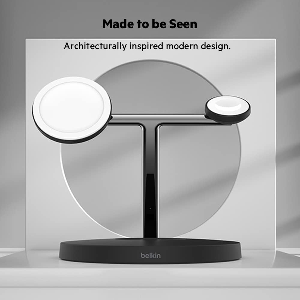 Belkin BoostCharge PRO 3-in-1 Wireless Charger with MagSafe for iPhone 15/14/13/12 & Apple Watch & AirPods - Fast 15W Magnetic Charging Station for Home, Office & Travel