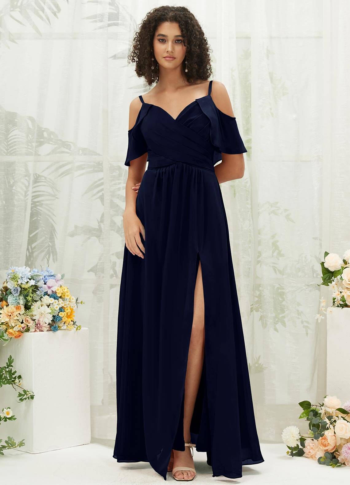 Elegant Dark Navy Chiffon Ruffle Cold Shoulder Sweetheart Bridesmaid Dress for Weddings & Formal Events