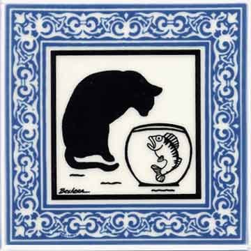 Blue Victorian Cat Tile - Wall Plaque & Trivet for Kitchen Decor