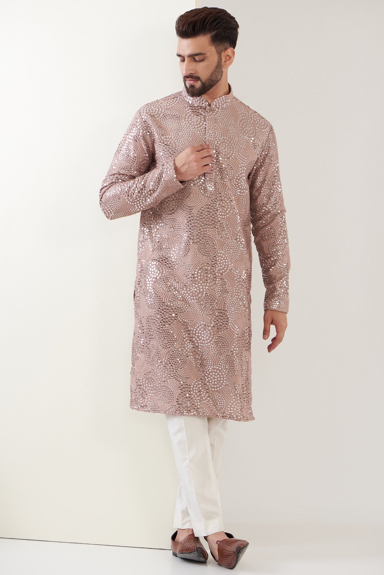 Elegant Pink Sequined Kurta with Intricate Thread Embroidery - Perfect for Festivals, Weddings, and Special Occasions