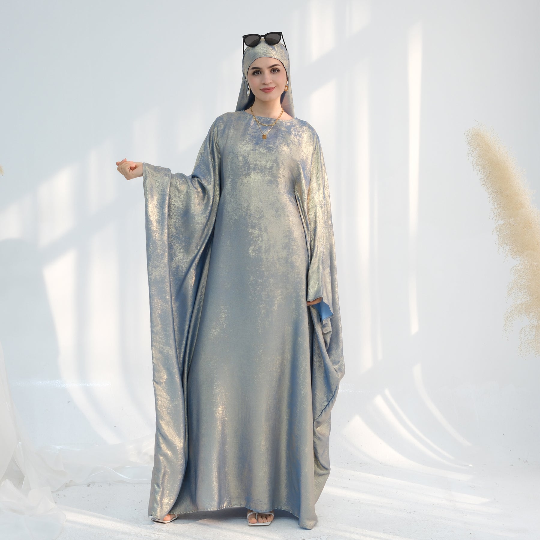 Linora Elegant Shimmer Butterfly Abaya Dress for Women - Sage Green Islamic Prayer Gown | Perfect for Eid, Ramadan, and Special Occasions