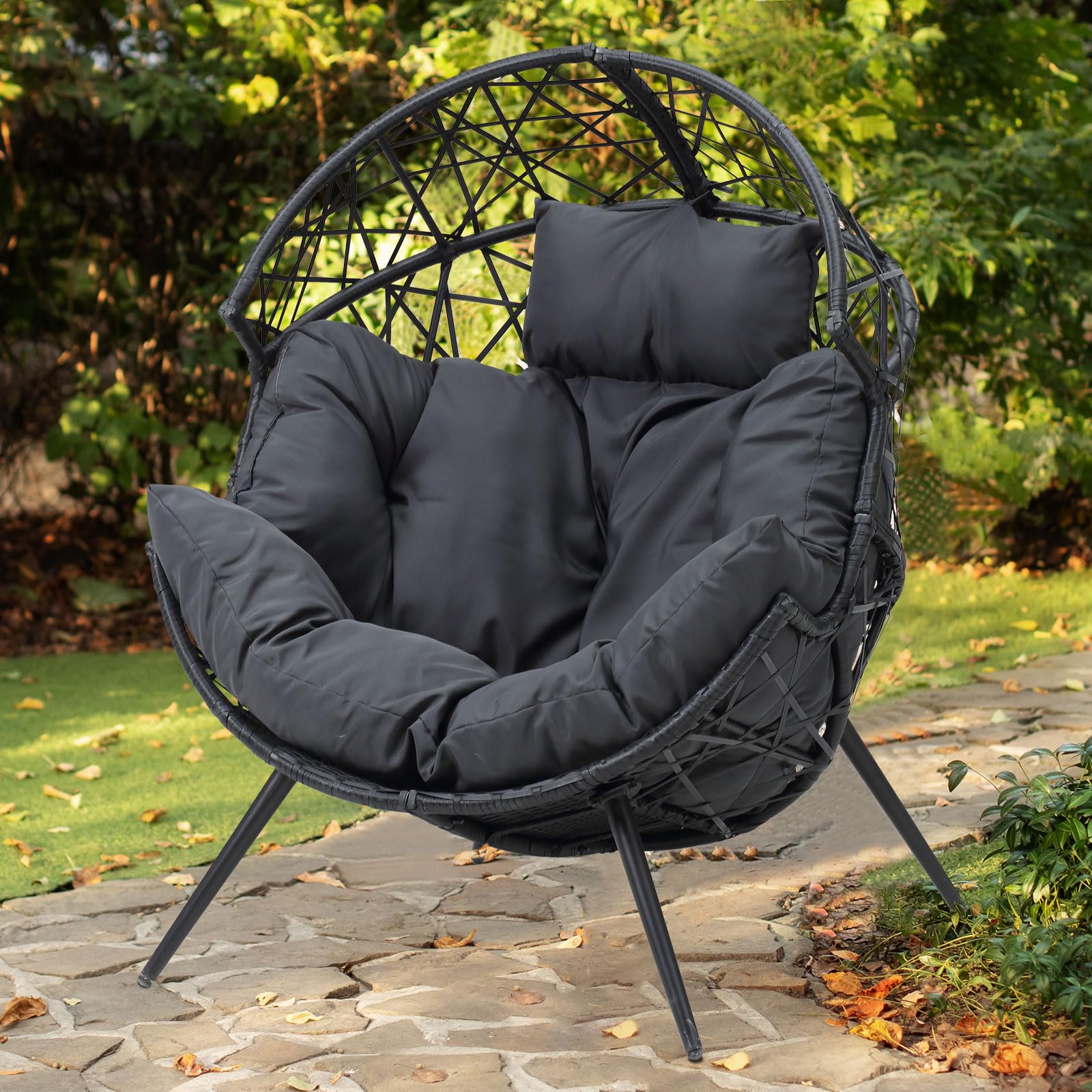 Outdoor & Indoor Egg Chair - Wicker Basket Lounger with Cushion & Stand - Dark Gray - Perfect for Living Room, Patio, Backyard, and Garden Relaxation