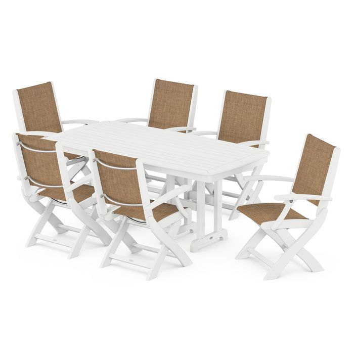 POLYWOOD Coastal Folding Arm Chair 7-Piece Outdoor Dining Set - Perfect for Patio, Deck, Poolside & Beachfront Entertaining