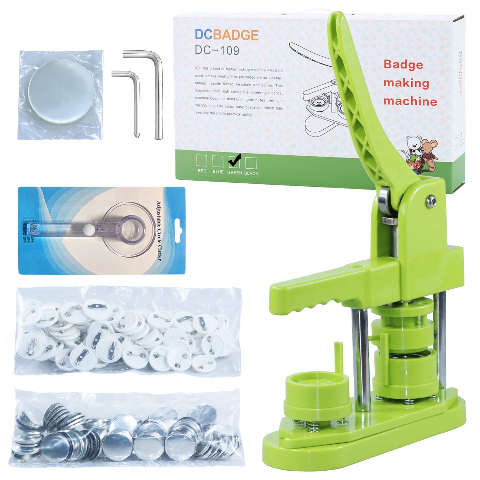 32mm (1.25 inch) DIY Button Maker Machine - No Installation Required Pin Badge Press with 500pcs Button Parts, 100pcs Pictures & Adjustable Circle Cutter (Green) - Perfect for Custom Pins, DIY Gifts, School Projects & Craft Fairs