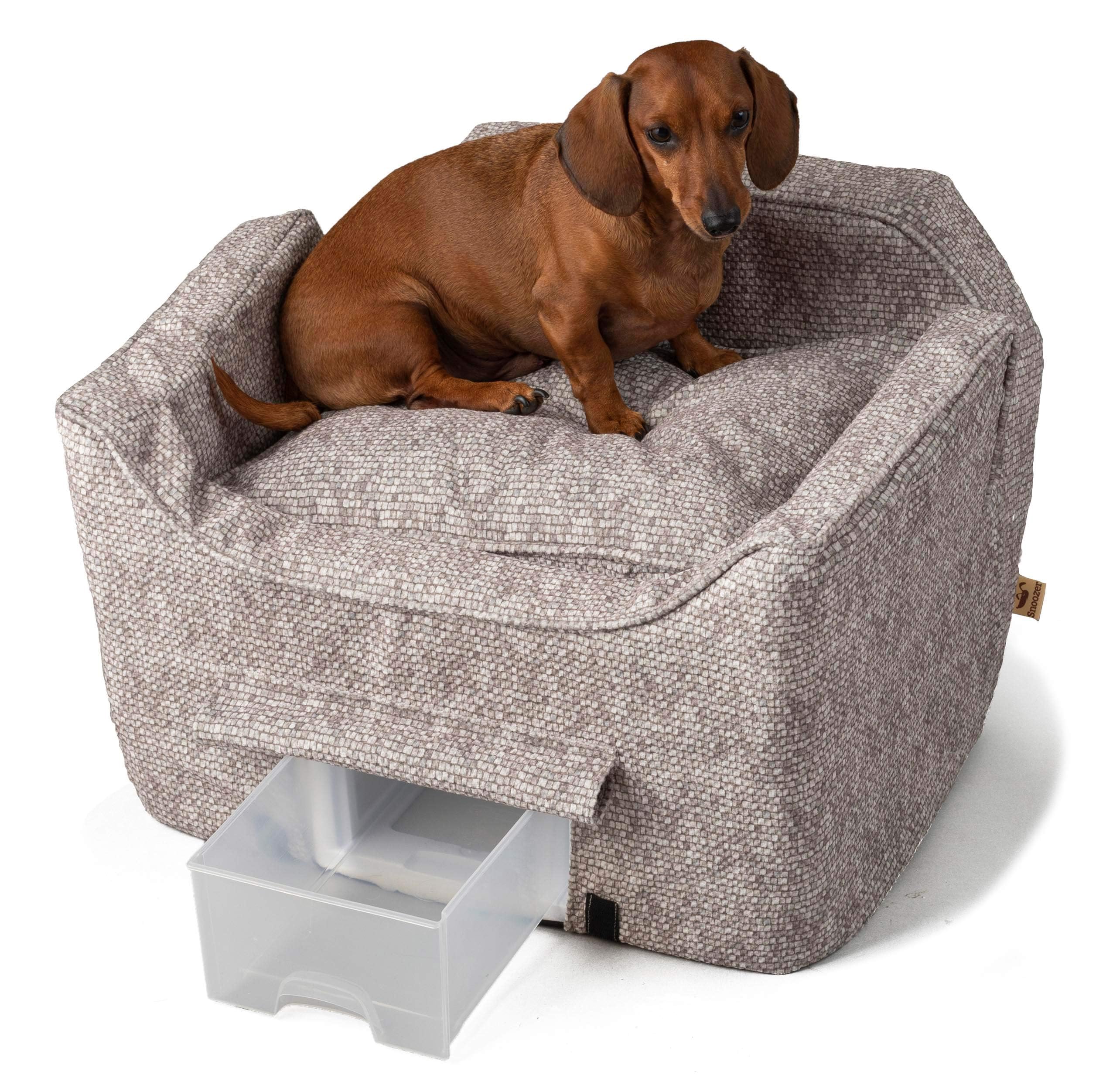 Snoozer Lookout II Dog Car Seat for Small Dogs Under 25lbs - Medium Size Pet Car Booster with Removable Washable Cover & Storage Tray - Merlin Linen Fabric to Prevent Car Sickness - Perfect for Road Trips, Vet Visits & Daily Commutes