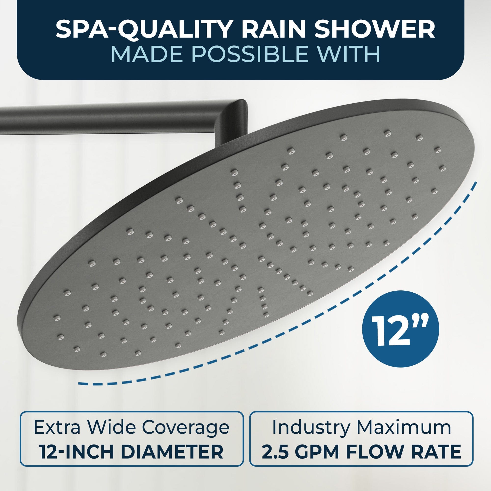 Premium 12 Inch All-Metal Rain Shower Head with Adjustable Overhead Shower Arm - 2.5 GPM Flow Rate - Luxury Bathroom Upgrade for Spa-Like Experience - Perfect for Master Bathrooms & Modern Home Renovations