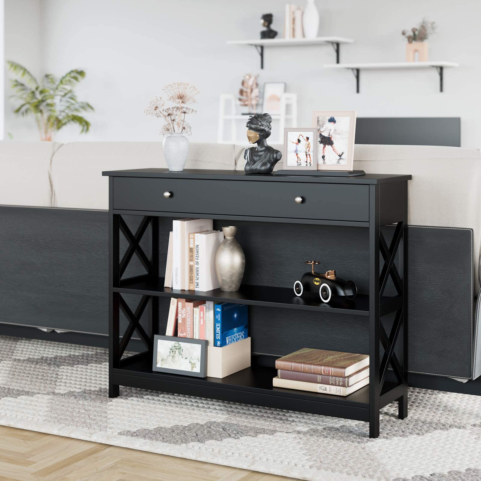 3-Tier Narrow Wood Console Table with Drawer & Open Shelves - X-Shaped Sofa Table for Hallway, Entryway & Living Room - Easy Assembly (39.4
