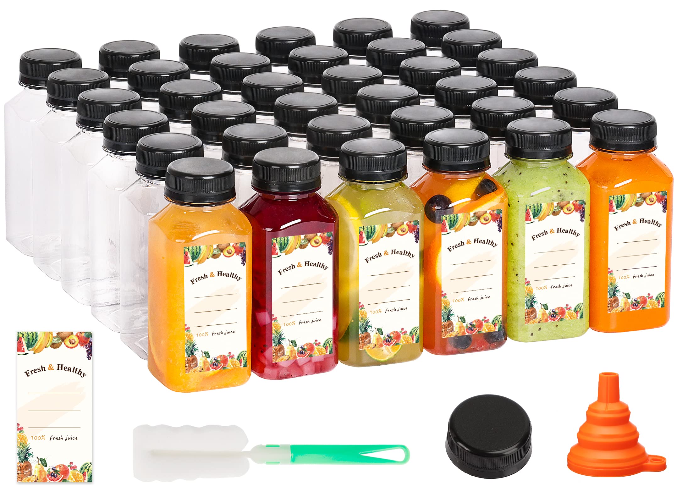 Moretoes 50-Pack 8oz Plastic Juice Bottles with Lids - Clear Reusable Beverage Containers for Juicing, Smoothies, Milkshakes, Tea & Drinks - Perfect for Home, Cafes, Juice Bars & Meal Prep
