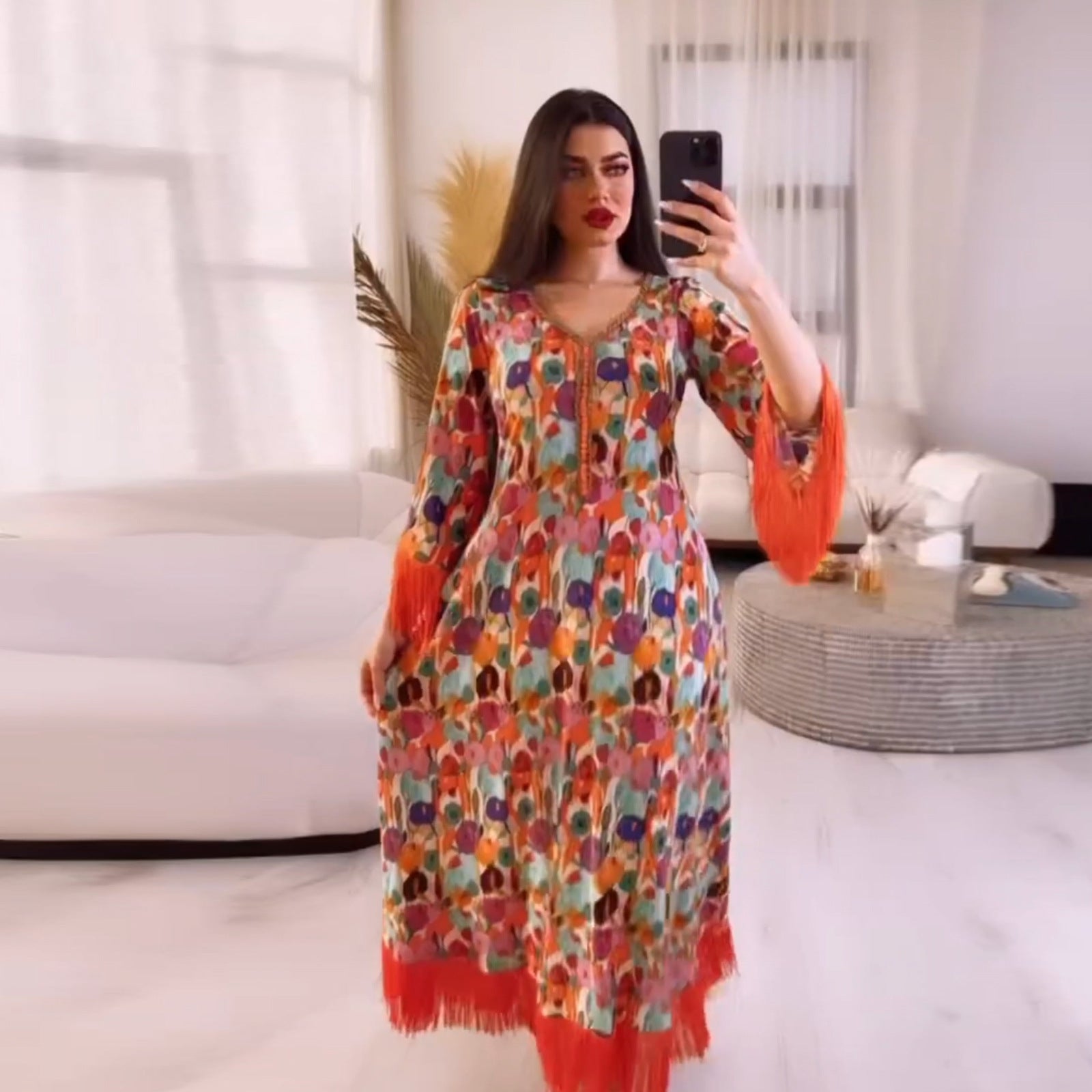 Stylish Print Casual V Neck Jalabiya Dress for Women - Comfortable Loose Fit Maxi Dress for Summer, Beach, Parties & Special Occasions