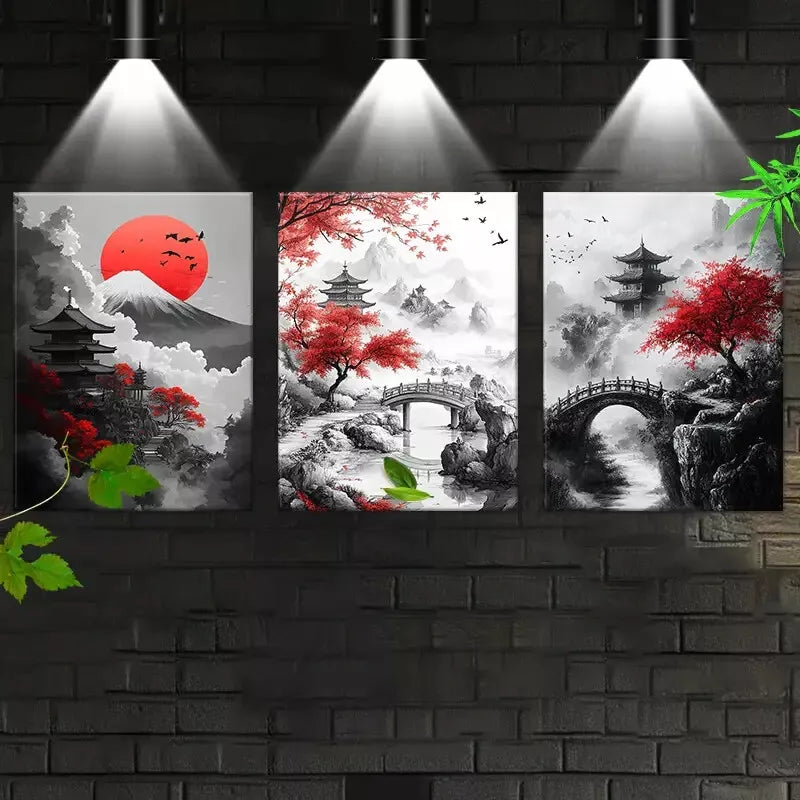 3-Piece Monochrome Mountain, River & Pagoda Art Set - Framed Canvas Wall Decor 50x70cm | High-Quality Print, 100% Australian Made | Ready to Hang | Perfect for Living Room, Bedroom & Office Decor
