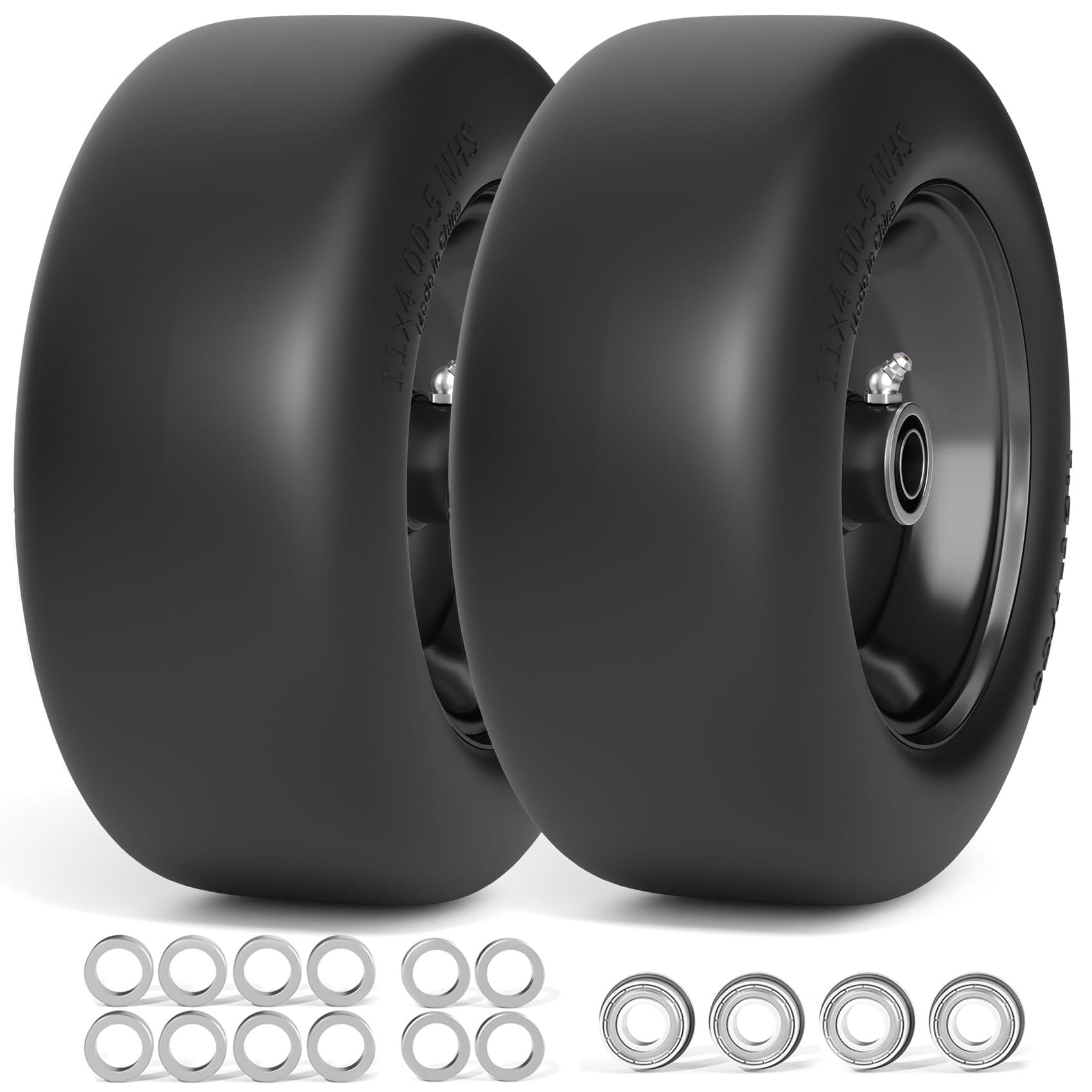TEPU 11x4.00-5 Solid Flat Free Lawn Mower Tires - 2 Pack Black Zero Turn Mower Front Tires with 3/4