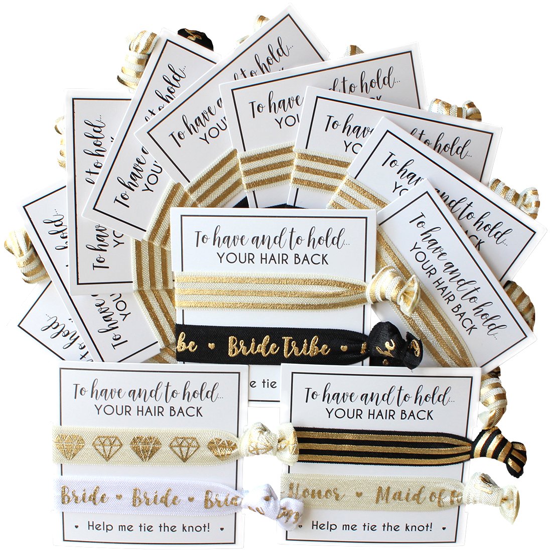 Bride Tribe Hair Tie Cards - Elegant Wedding Hair Accessories for Bridesmaids (12-Pack, Black & Gold) | Perfect for Bachelorette Parties, Wedding Showers & Bridal Favors - Keep Your Hair Stylish on Your Special Day