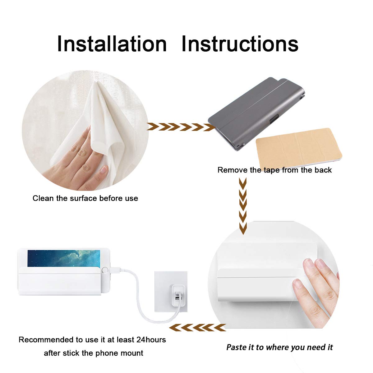 2 Pack Universal Wall Mount Phone Holder with Charging Cable Hole - Self Adhesive Hanging Shelf for iPhone, Smartphones & Mini Tablets - Perfect for Bedroom, Kitchen & Office Organization (Black)