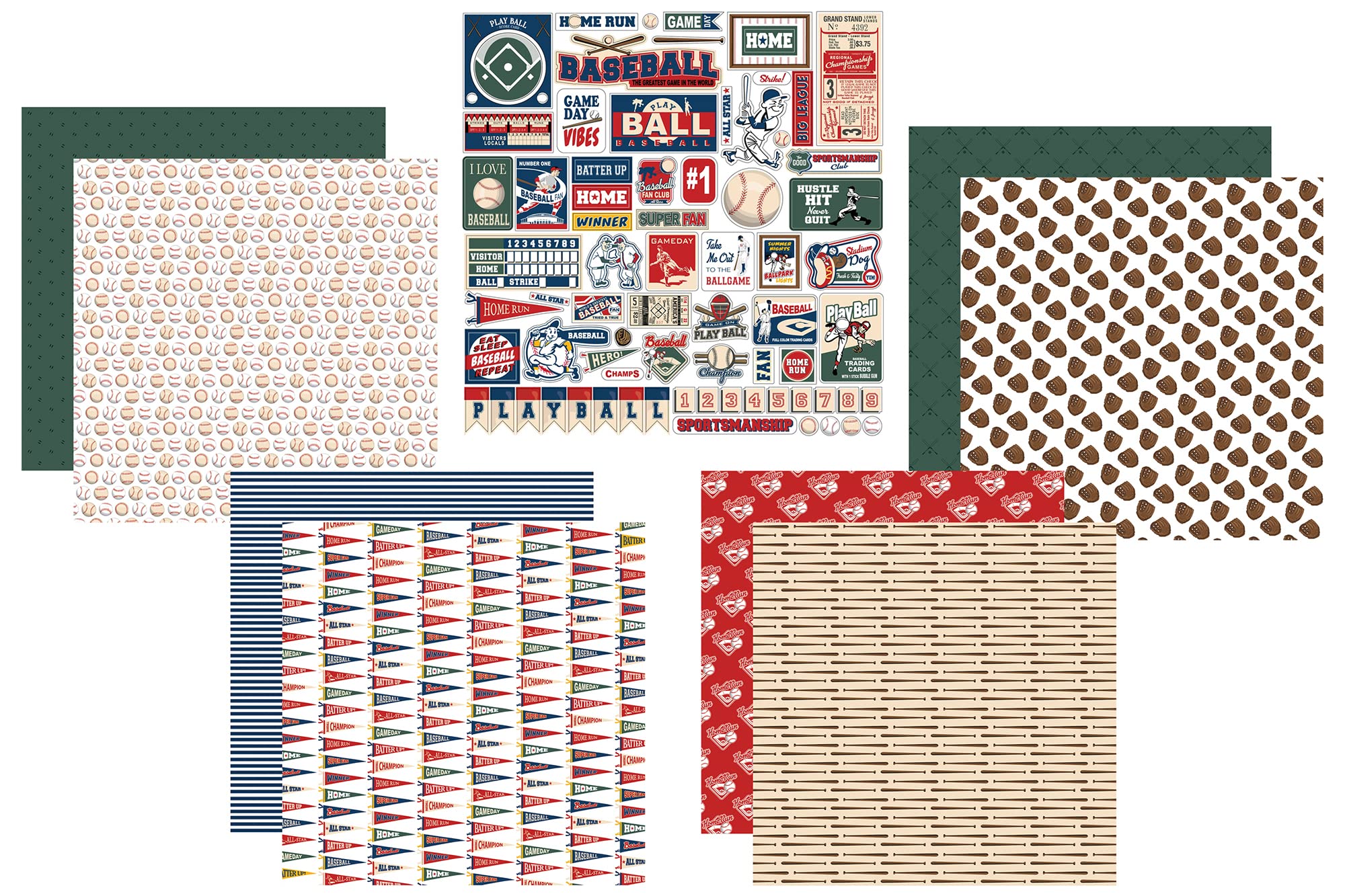 Baseball Scrapbook Paper 12x12 Inch - Sports Themed Scrapbooking Kit with Field, Players, Tickets & Phrases Stickers | Perfect for DIY Scrapbooks, Photo Albums, Journals & Memory Books | 5-Piece Set for Baseball Fans & Craft Lovers