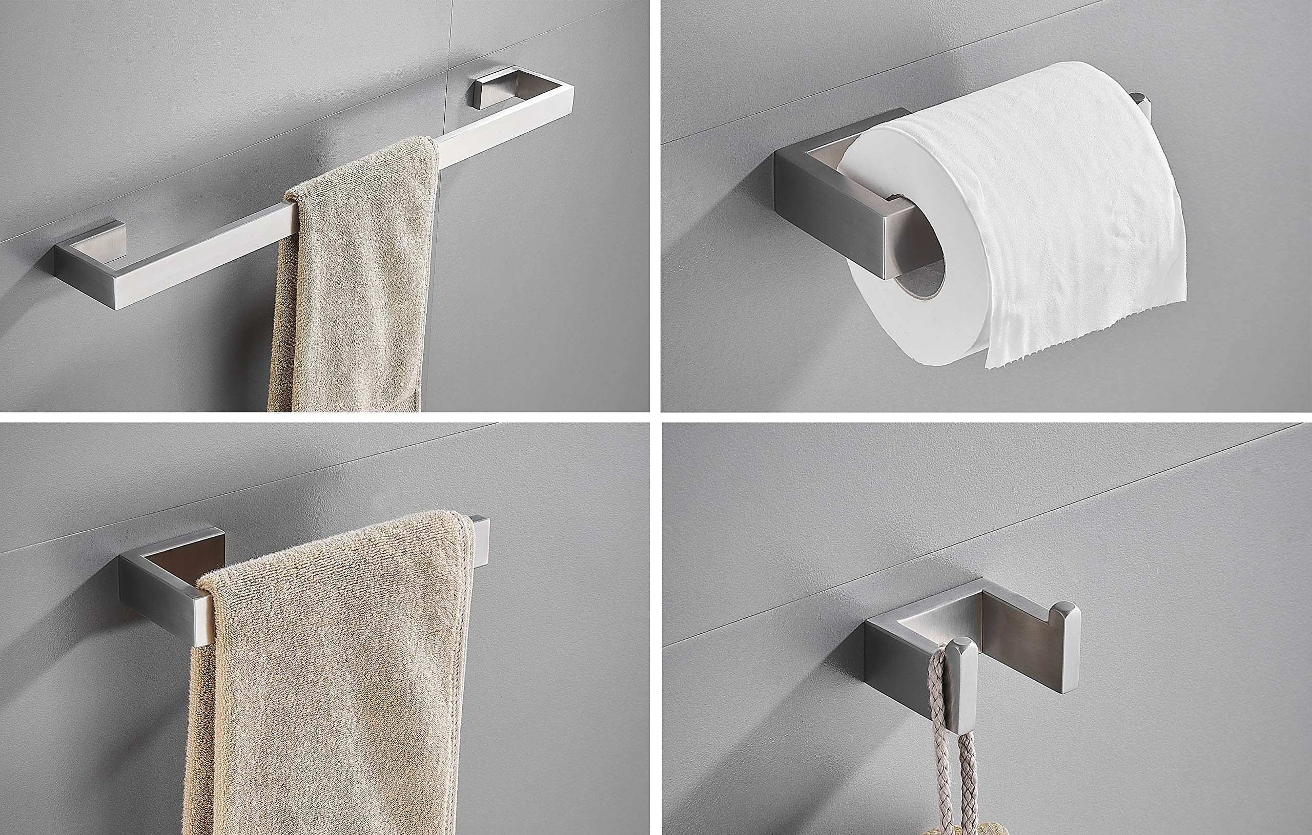 4-Piece Brushed Nickel Towel Bar Set - SUS304 Stainless Steel Bathroom Hardware Accessory with Towel Rod, Toilet Paper Holder & Double Robe Hook - Perfect for Modern Bathrooms, Spas and Luxury Hotels