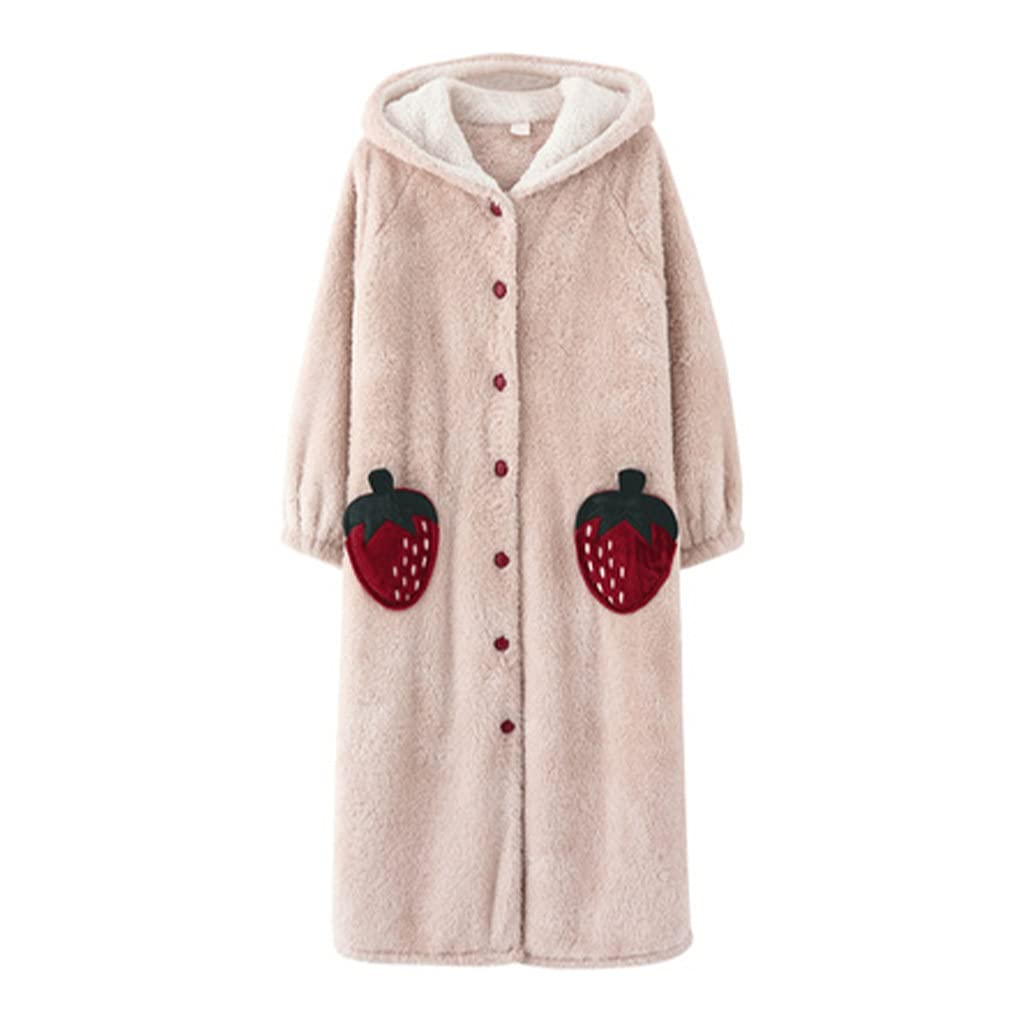 KAMWD Women's Long Hooded Bathrobe - Soft Coral Fleece Robe with Strawberry Embroidery & Pockets, Thick Warm Nightgown for Girls & Ladies (Pink, Large) - Perfect for Spa, Lounging & Relaxing at Home