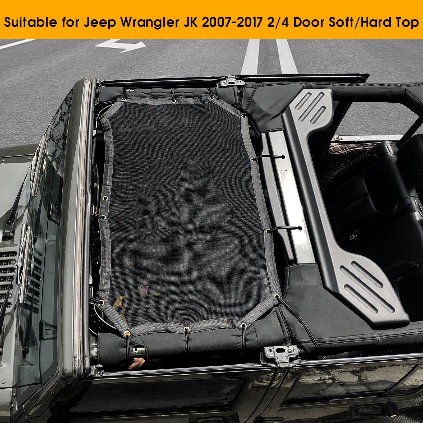 Jeep Wrangler JK Sunshade Top - Mesh Bikini Top for 2/4 Door Soft/Hard Top - UV Protection & Wind Shield - Perfect for Off-Roading & Summer Driving