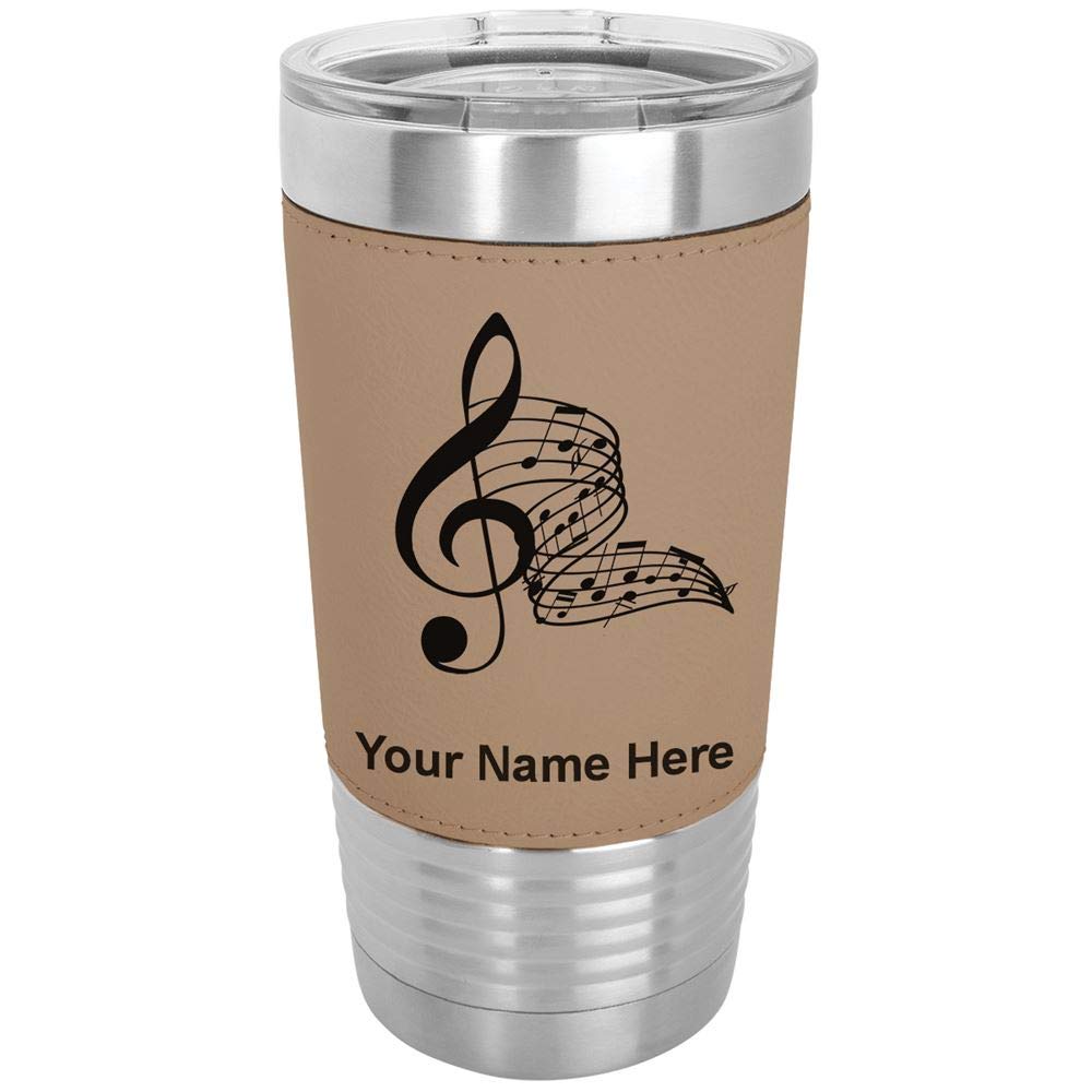 LaserGram 20oz Vacuum Insulated Stainless Steel Tumbler Mug with Musical Notes Design - Personalized Engraving, Faux Leather Lid & Light Brown Finish - Perfect for Coffee, Tea, Cold Drinks at Home, Office or Travel