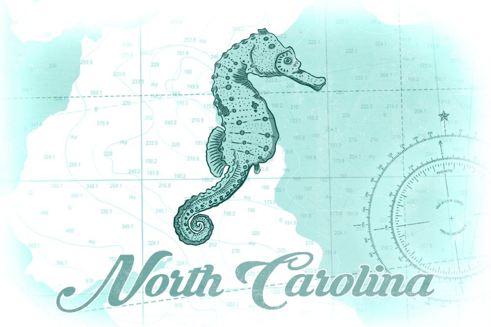 North Carolina Seahorse Teal Coastal Icon 70641 - 24x36 Signed Art Print, Wall Decor Poster for Beach House, Coastal Living Room & Nautical Themed Spaces