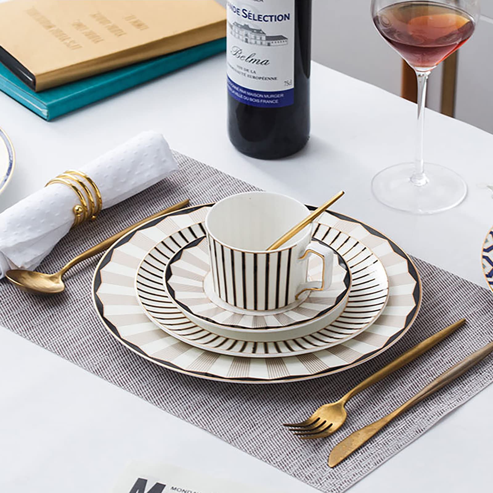 Premium 16-Piece Black and White Striped Bone China Dinnerware Set for 4 - Elegant Plates, Bowls & Mugs - Perfect for Family Dinners, Dinner Parties & Restaurant-Style Dining