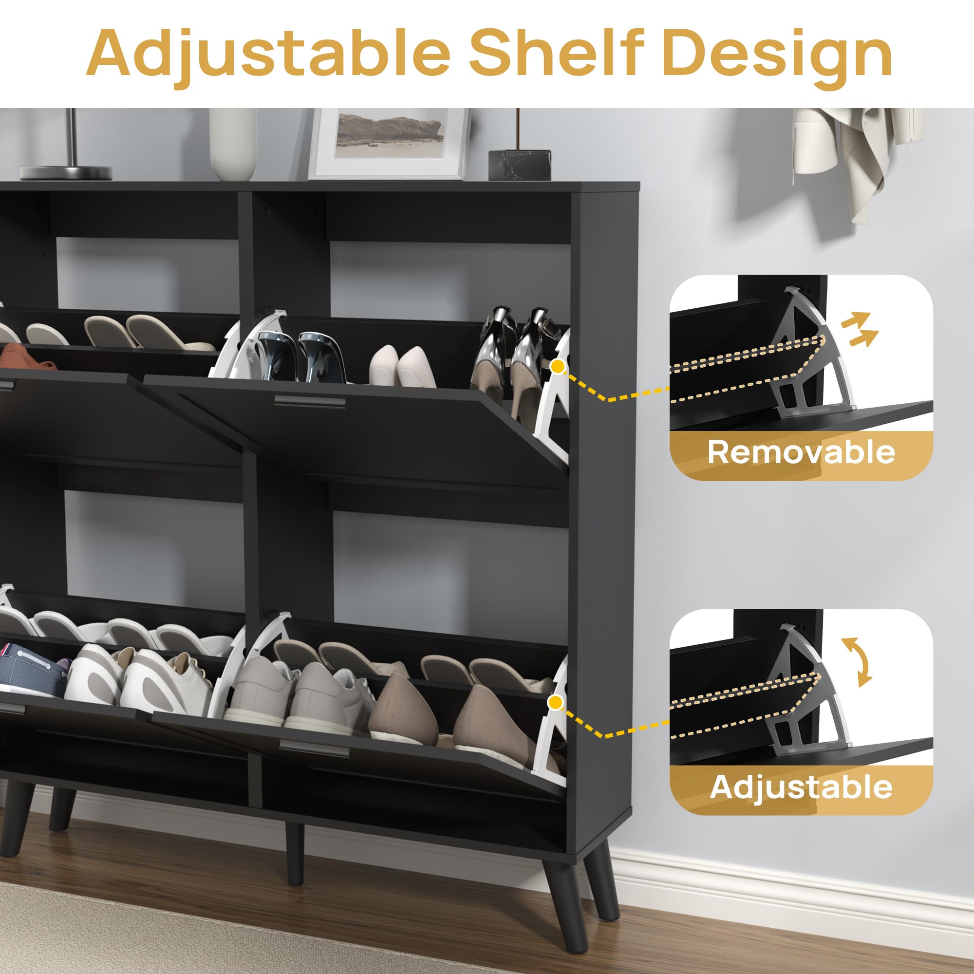 Large Black Shoe Cabinet for Size 16 Shoes - Freestanding 4-Drawer Shoe Organizer with Flip Doors - Narrow Wooden Shoe Rack for Entryway, Closet & Living Room - Perfect for Small Spaces and Shoe Storage Solutions