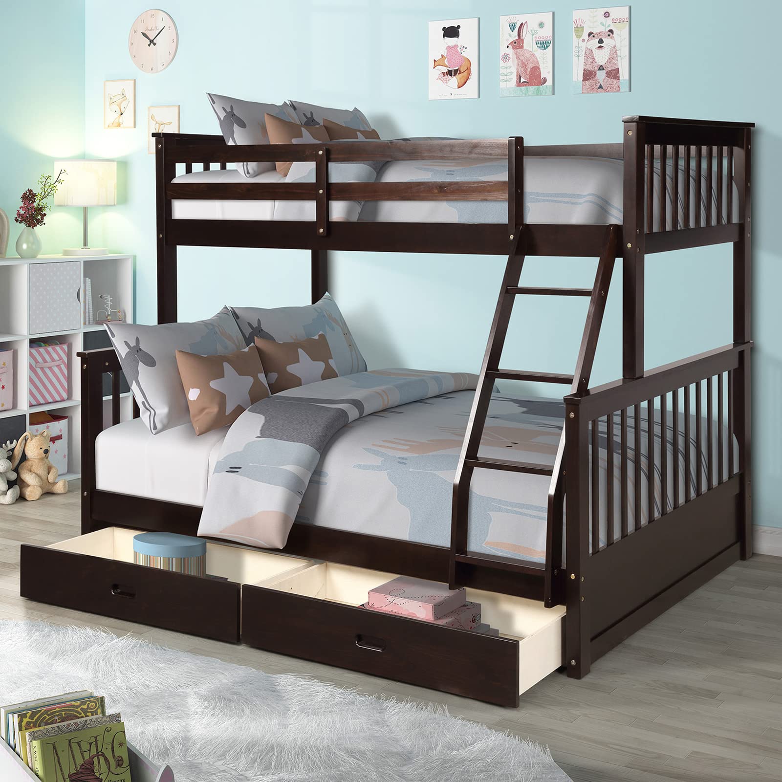 **Solid Wood Twin Over Full Bunk Bed with Ladders & 2 Storage Drawers - Sturdy Bunk Bed Frame for Kids, Teens & Adults - Perfect for Small Bedrooms, Guest Rooms & Dormitories**