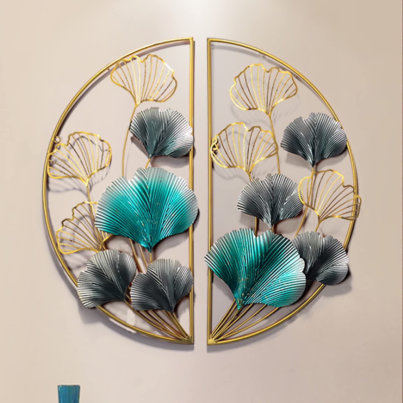 WRUJ Ginkgo Leaf Metal Wall Art - Handcrafted Wall-Mounted Sculpture with 2 Semi-Circular Decorations That Form a Circle - Elegant Home & Office Decor for Bedroom, Living Room, Hotel Lobby (Perfect for Boho, Modern & Minimalist Interior Design)